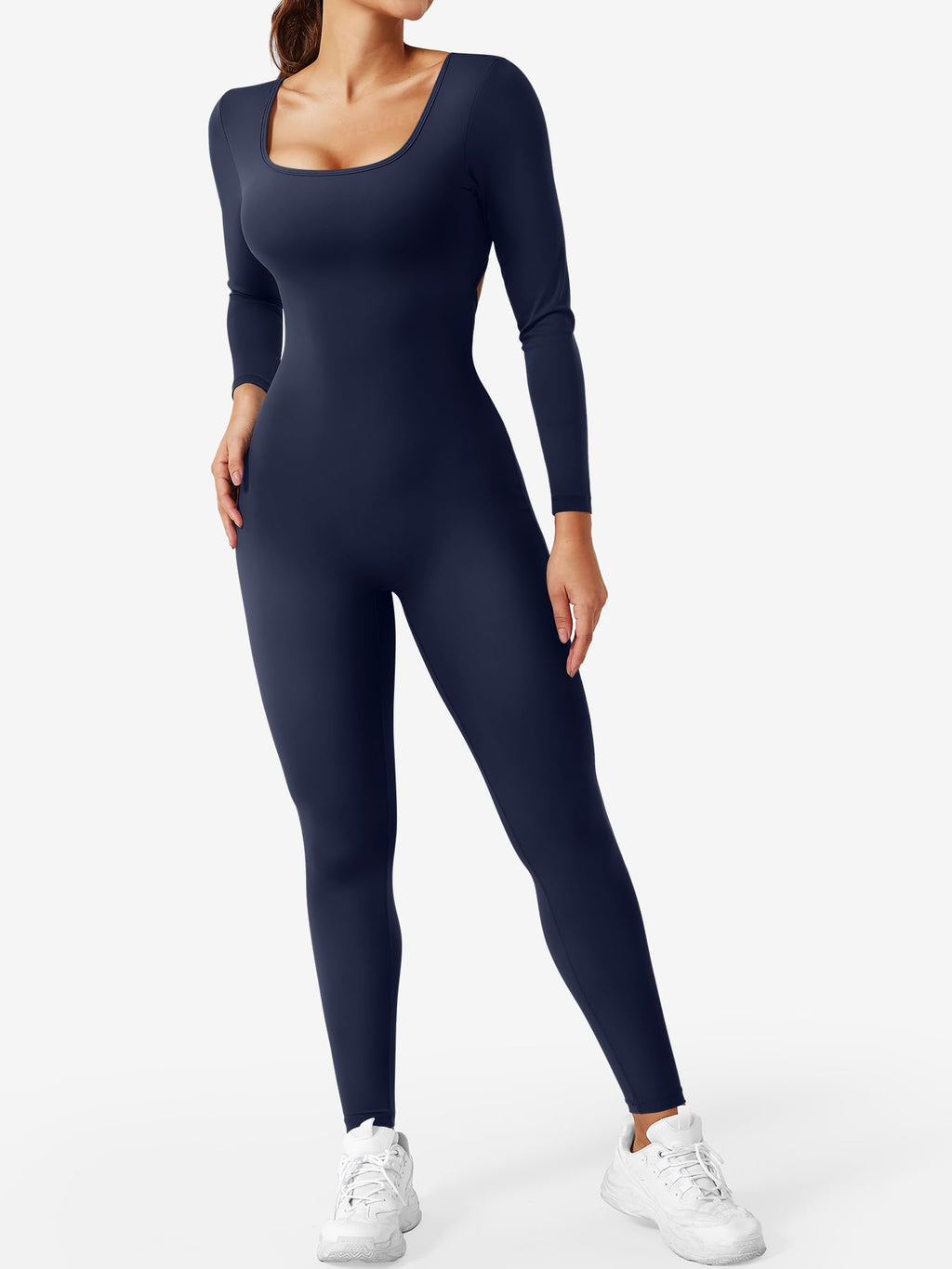 CoreFlex Long Sleeve Jumpsuits for Women V Back Bodysuit Workout Full Length Bodycon Scrunch Leggings One Piece Romper