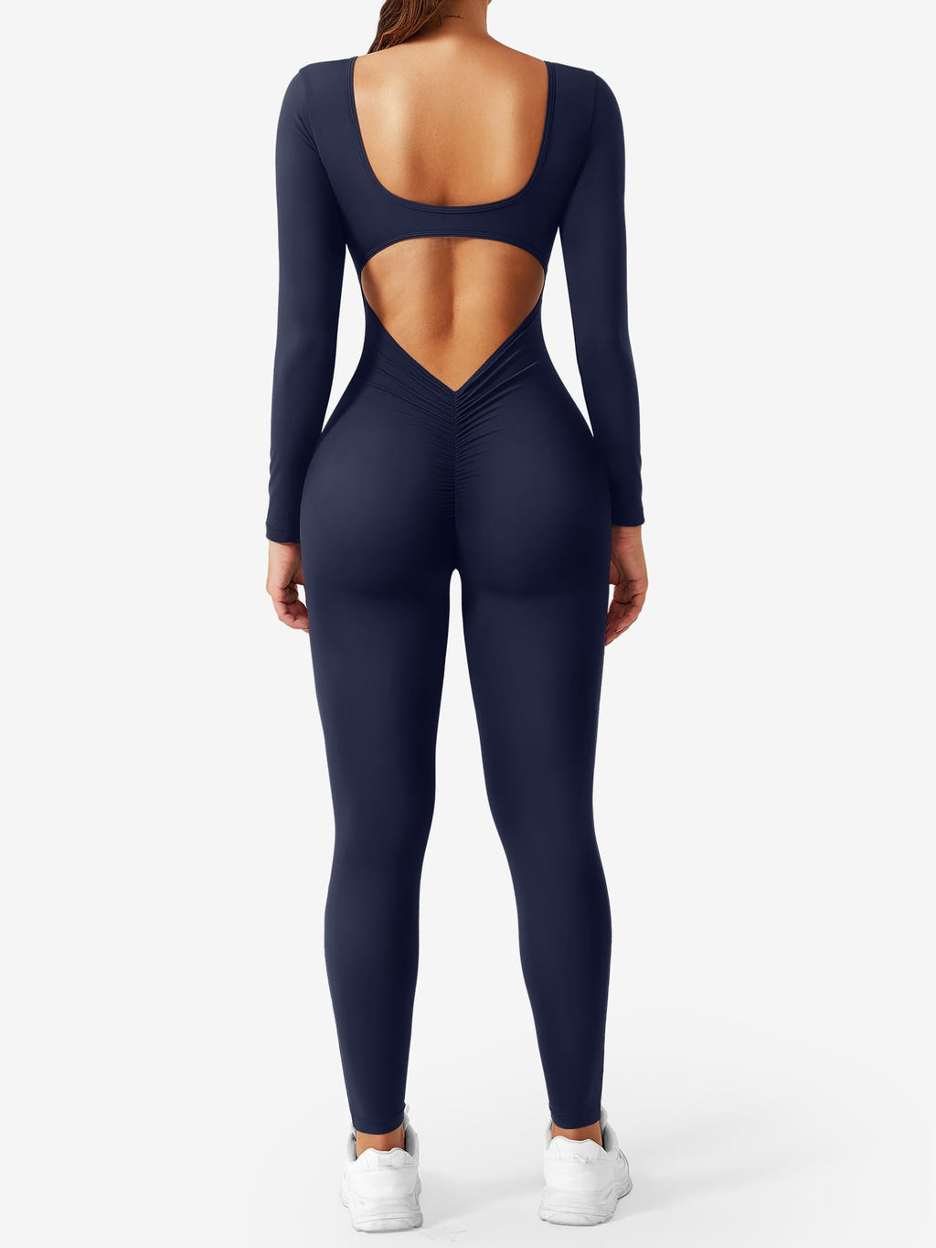 CoreFlex Long Sleeve Jumpsuits for Women V Back Bodysuit Workout Full Length Bodycon Scrunch Leggings One Piece Romper