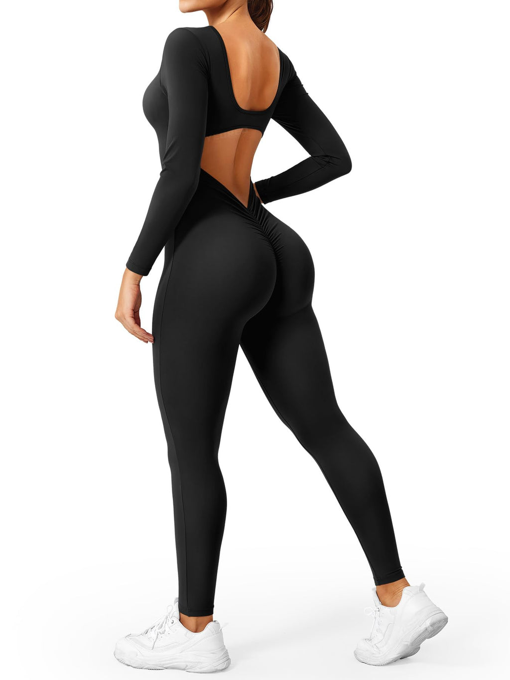CoreFlex Long Sleeve Jumpsuits for Women V Back Bodysuit Workout Full Length Bodycon Scrunch Leggings One Piece Romper
