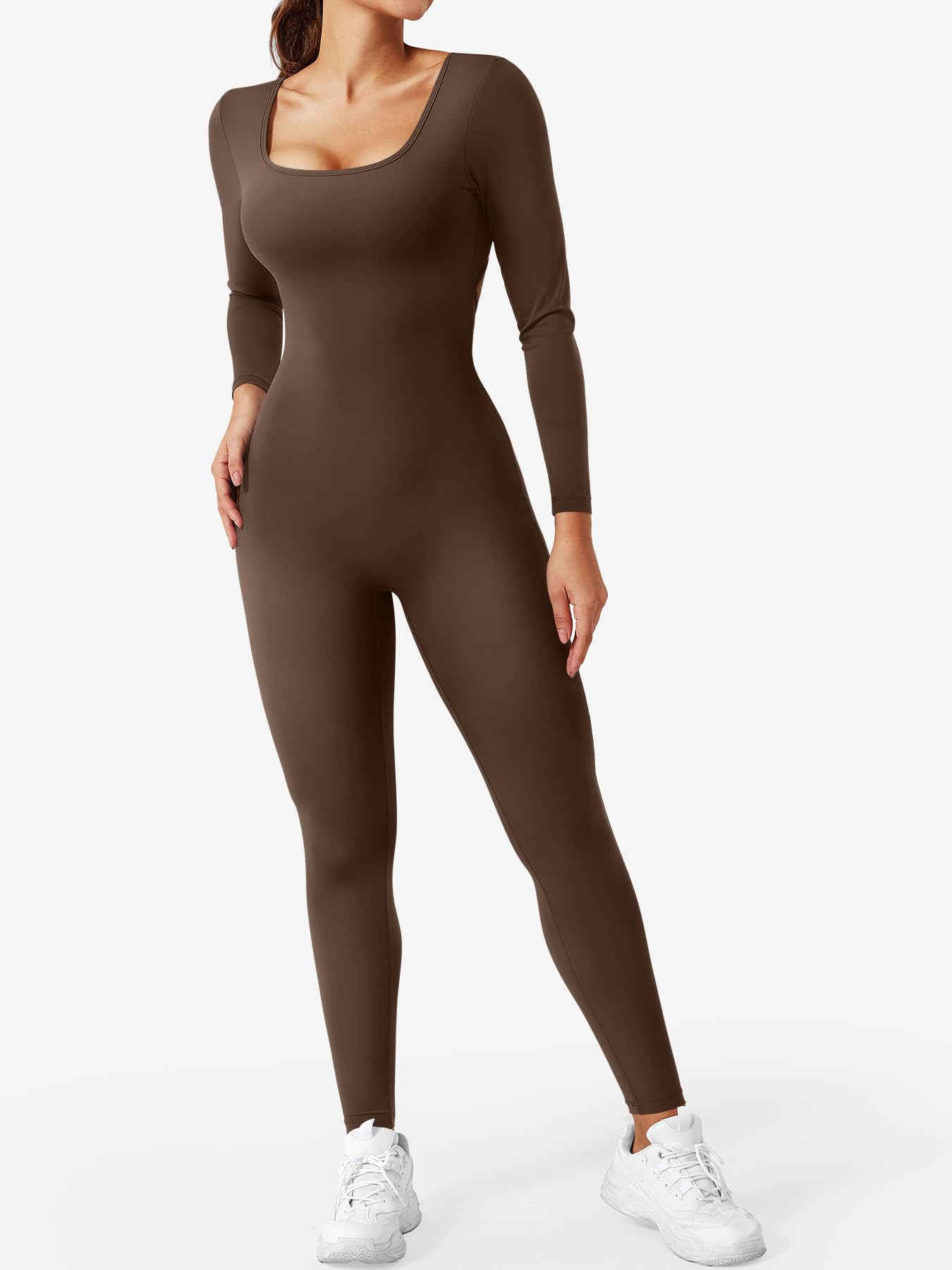 CoreFlex Long Sleeve Jumpsuits for Women V Back Bodysuit Workout Full Length Bodycon Scrunch Leggings One Piece Romper