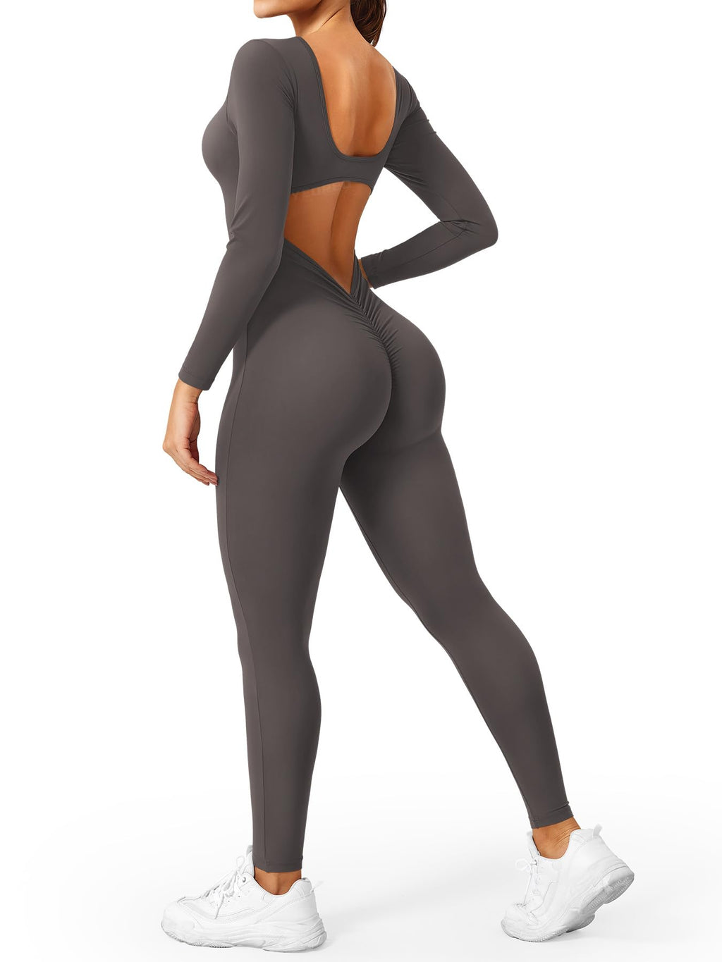 CoreFlex Long Sleeve Jumpsuits for Women V Back Bodysuit Workout Full Length Bodycon Scrunch Leggings One Piece Romper