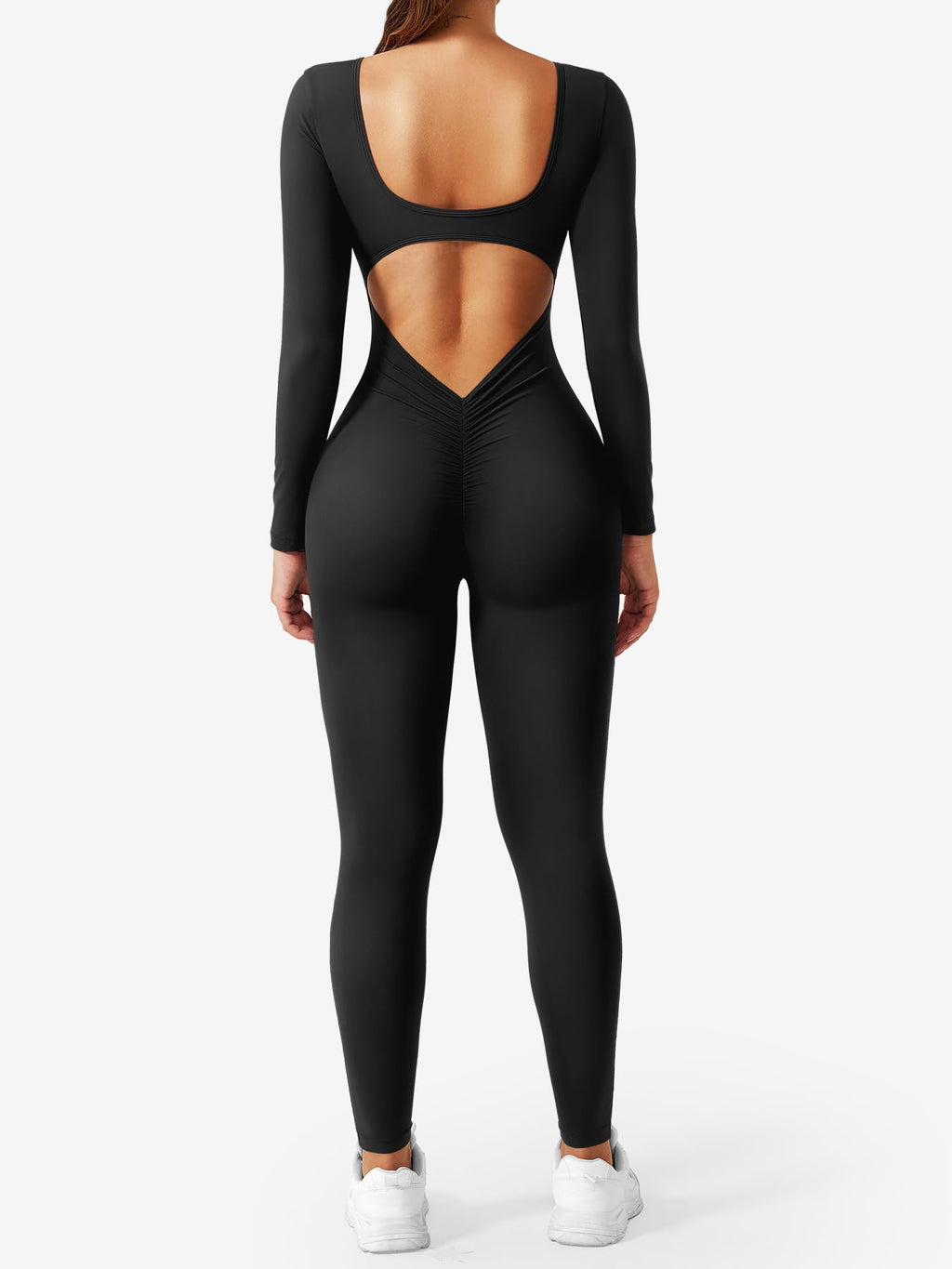 CoreFlex Long Sleeve Jumpsuits for Women V Back Bodysuit Workout Full Length Bodycon Scrunch Leggings One Piece Romper