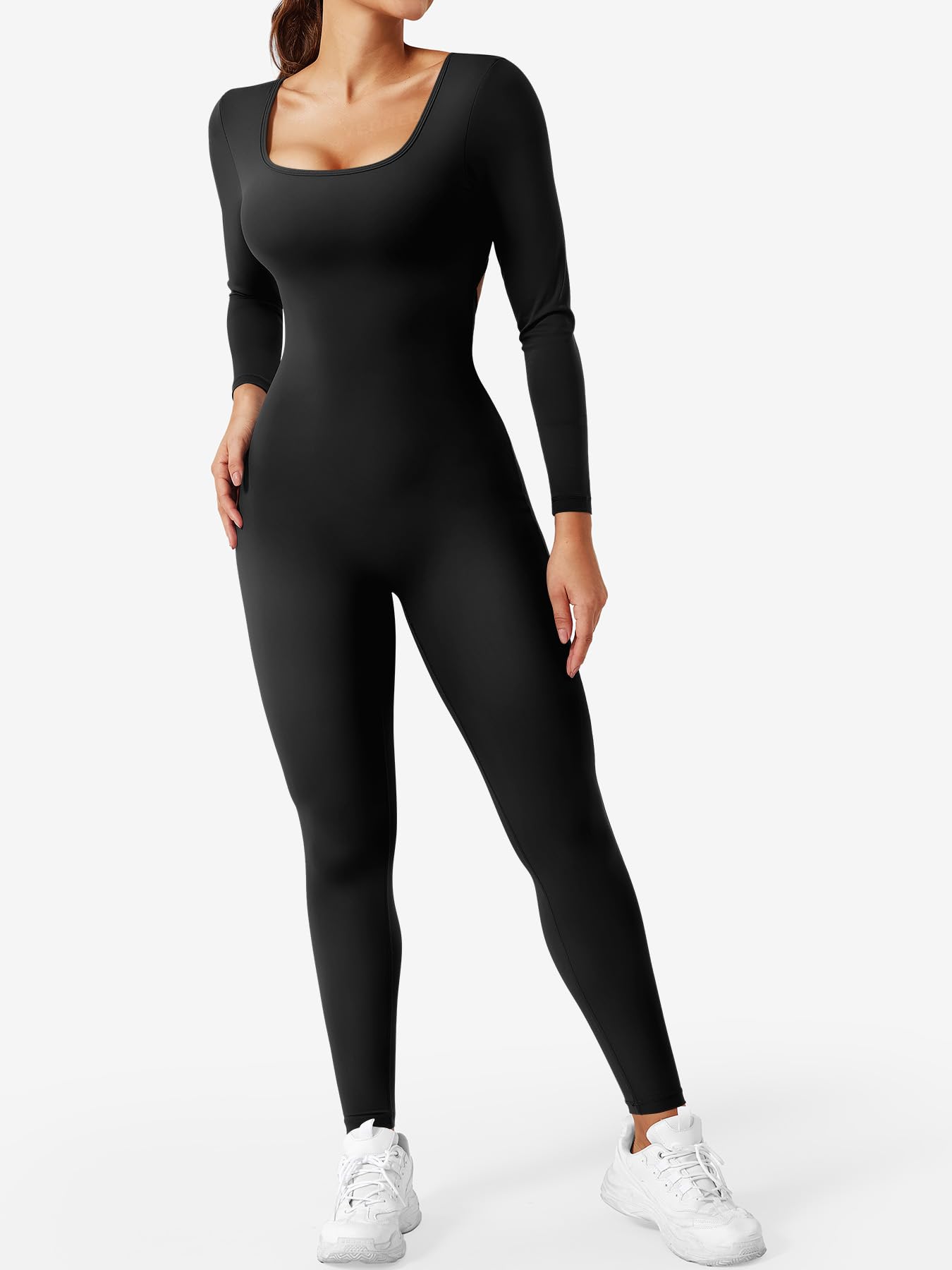 CoreFlex Long Sleeve Jumpsuits for Women V Back Bodysuit Workout Full Length Bodycon Scrunch Leggings One Piece Romper