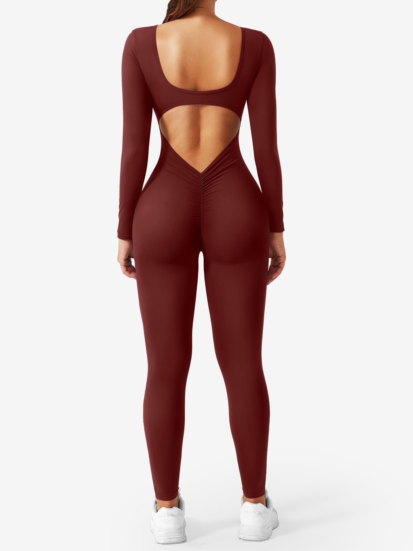 CoreFlex Long Sleeve Jumpsuits for Women V Back Bodysuit Workout Full Length Bodycon Scrunch Leggings One Piece Romper
