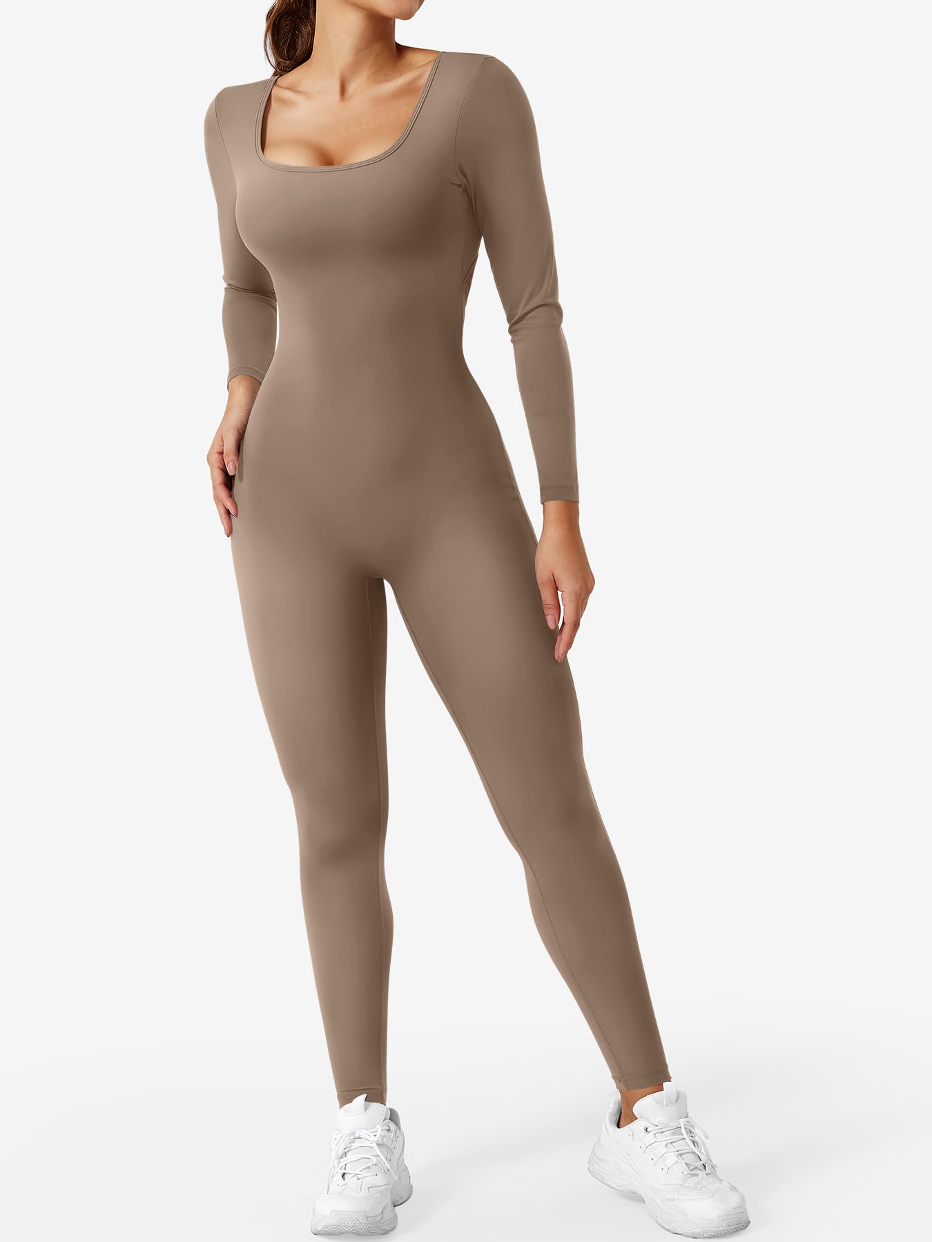 CoreFlex Long Sleeve Jumpsuits for Women V Back Bodysuit Workout Full Length Bodycon Scrunch Leggings One Piece Romper