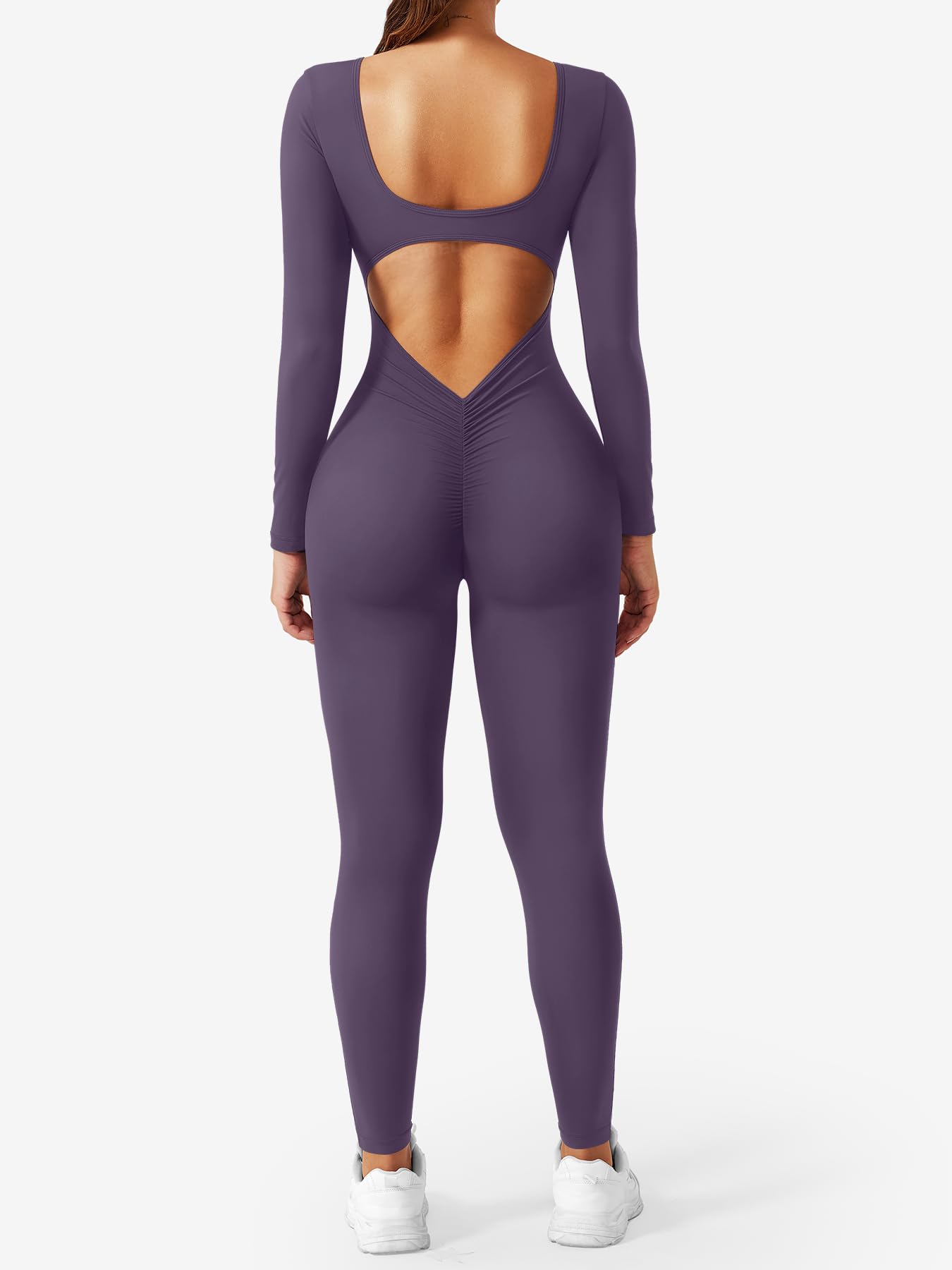 CoreFlex Long Sleeve Jumpsuits for Women V Back Bodysuit Workout Full Length Bodycon Scrunch Leggings One Piece Romper