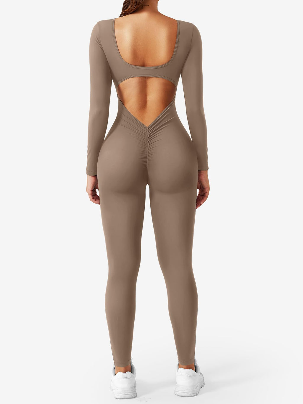 CoreFlex Long Sleeve Jumpsuits for Women V Back Bodysuit Workout Full Length Bodycon Scrunch Leggings One Piece Romper