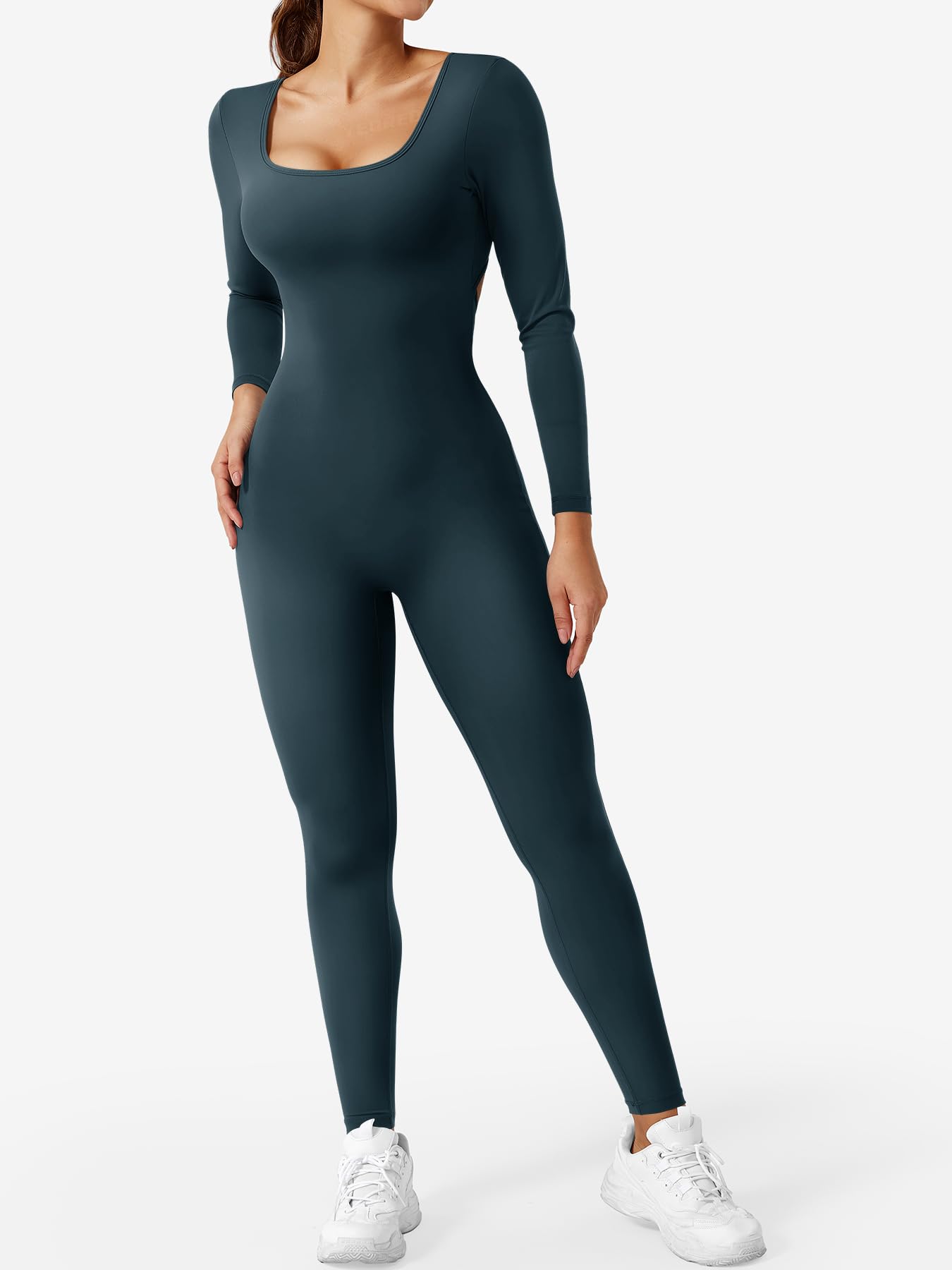 CoreFlex Long Sleeve Jumpsuits for Women V Back Bodysuit Workout Full Length Bodycon Scrunch Leggings One Piece Romper