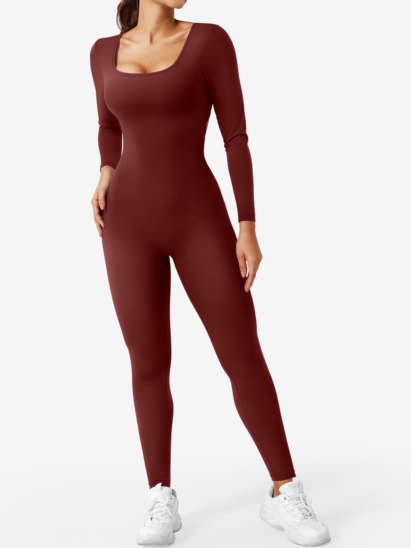 CoreFlex Long Sleeve Jumpsuits for Women V Back Bodysuit Workout Full Length Bodycon Scrunch Leggings One Piece Romper