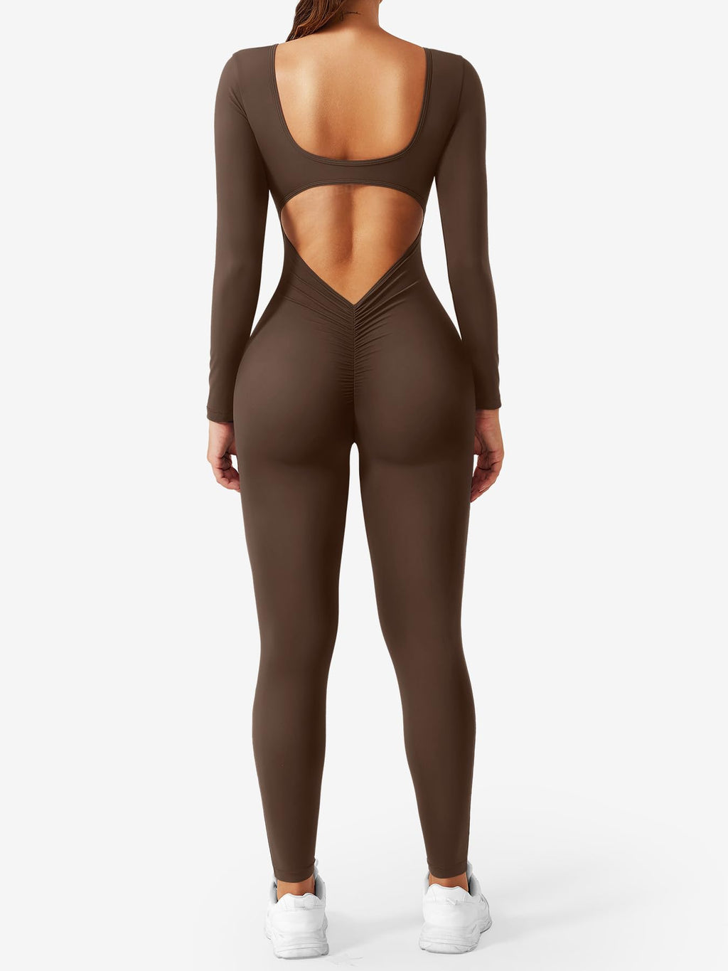 CoreFlex Long Sleeve Jumpsuits for Women V Back Bodysuit Workout Full Length Bodycon Scrunch Leggings One Piece Romper
