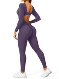 CoreFlex Long Sleeve Jumpsuits for Women V Back Bodysuit Workout Full Length Bodycon Scrunch Leggings One Piece Romper
