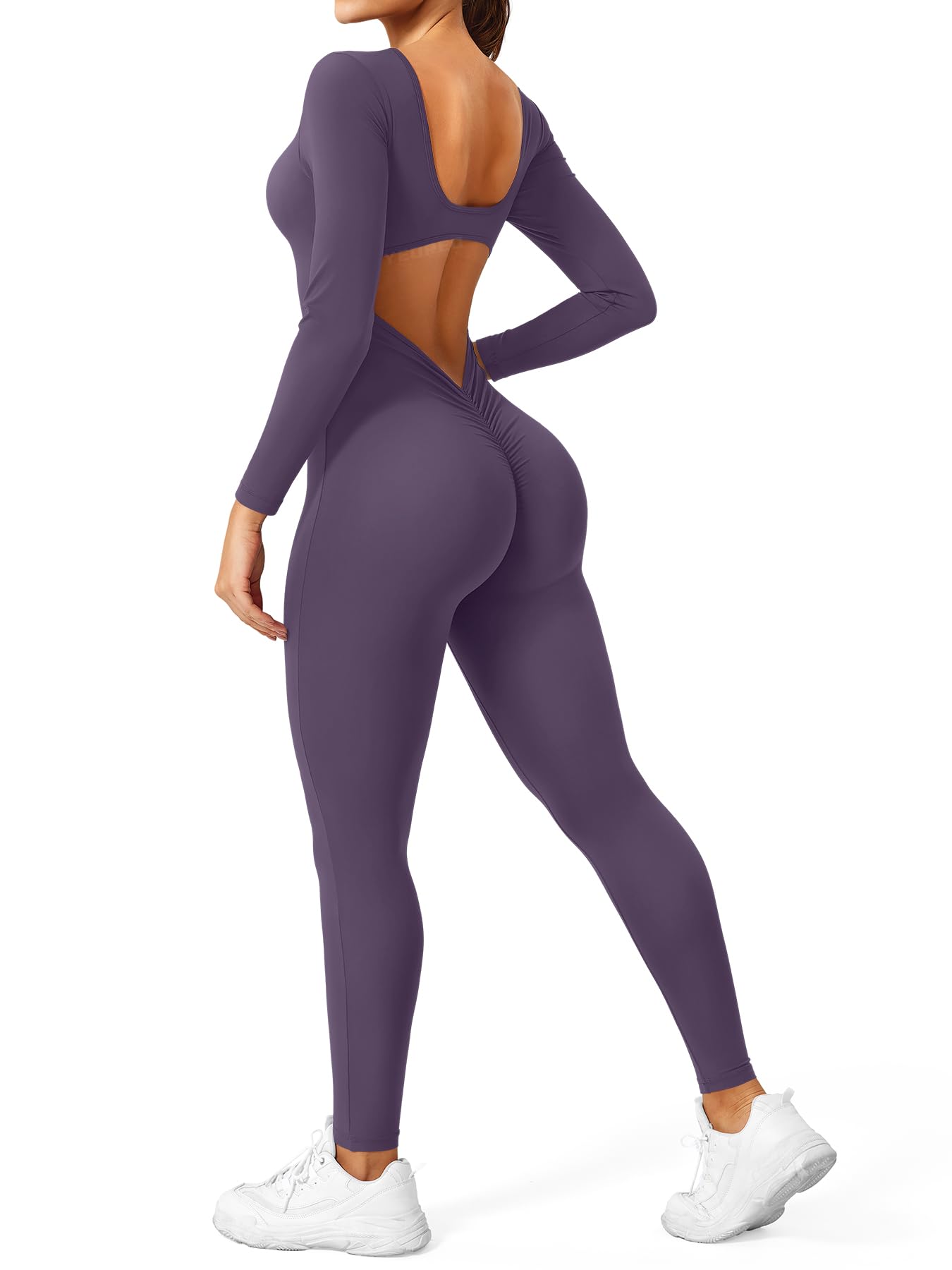 CoreFlex Long Sleeve Jumpsuits for Women V Back Bodysuit Workout Full Length Bodycon Scrunch Leggings One Piece Romper
