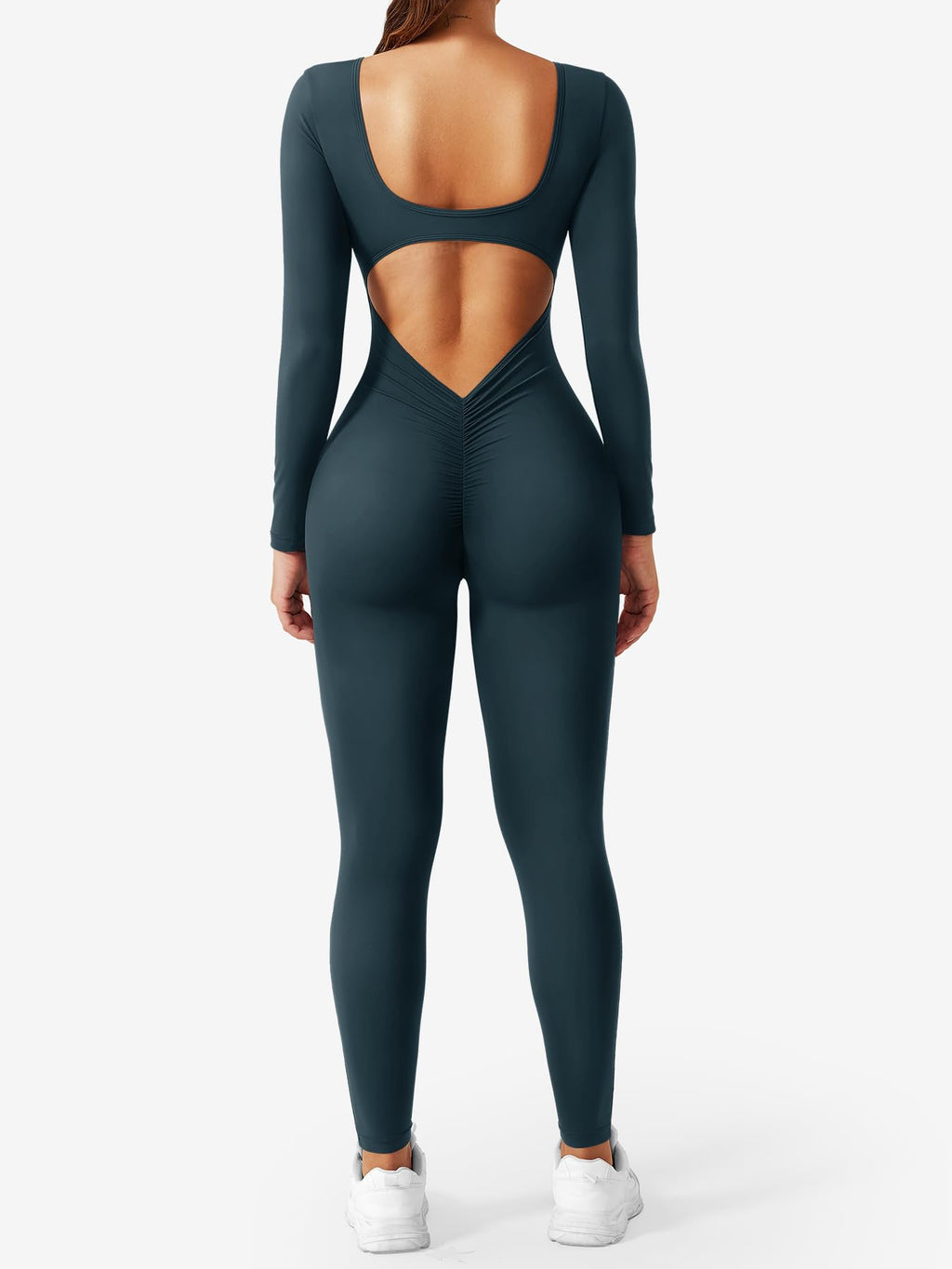 CoreFlex Long Sleeve Jumpsuits for Women V Back Bodysuit Workout Full Length Bodycon Scrunch Leggings One Piece Romper