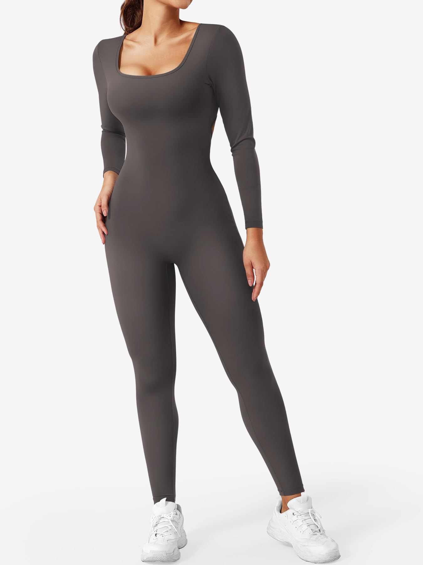 CoreFlex Long Sleeve Jumpsuits for Women V Back Bodysuit Workout Full Length Bodycon Scrunch Leggings One Piece Romper