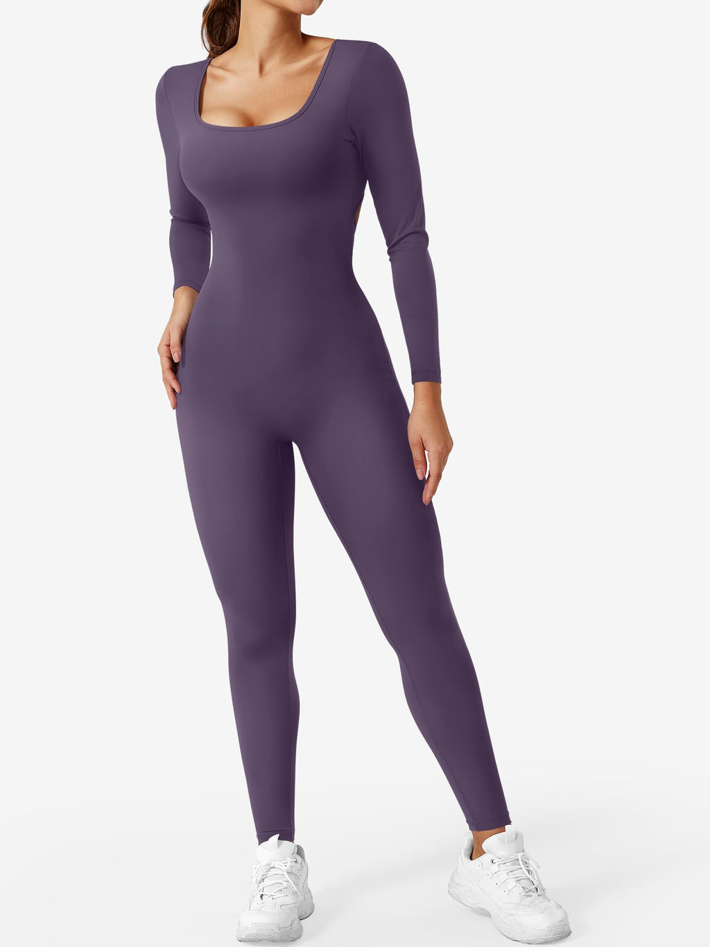 CoreFlex Long Sleeve Jumpsuits for Women V Back Bodysuit Workout Full Length Bodycon Scrunch Leggings One Piece Romper