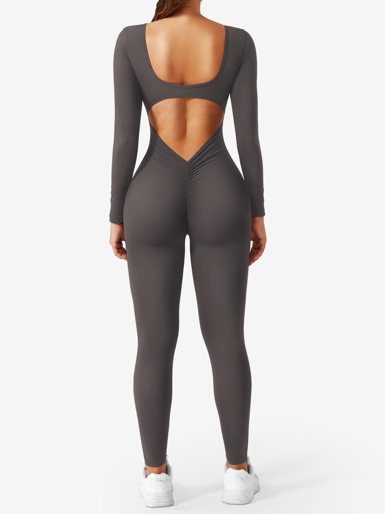CoreFlex Long Sleeve Jumpsuits for Women V Back Bodysuit Workout Full Length Bodycon Scrunch Leggings One Piece Romper
