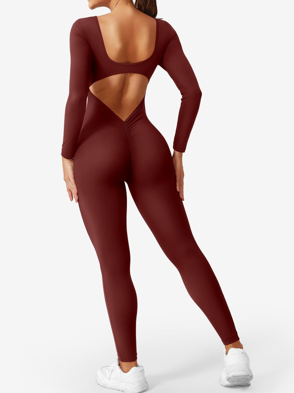 CoreFlex Long Sleeve Jumpsuits for Women V Back Bodysuit Workout Full Length Bodycon Scrunch Leggings One Piece Romper