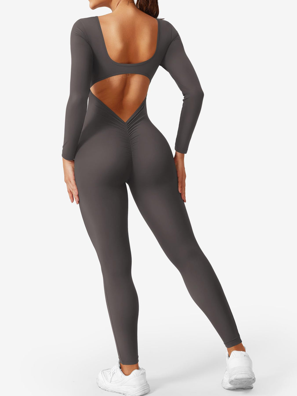 CoreFlex Long Sleeve Jumpsuits for Women V Back Bodysuit Workout Full Length Bodycon Scrunch Leggings One Piece Romper