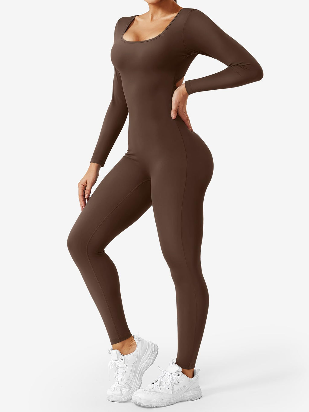 CoreFlex Long Sleeve Jumpsuits for Women V Back Bodysuit Workout Full Length Bodycon Scrunch Leggings One Piece Romper