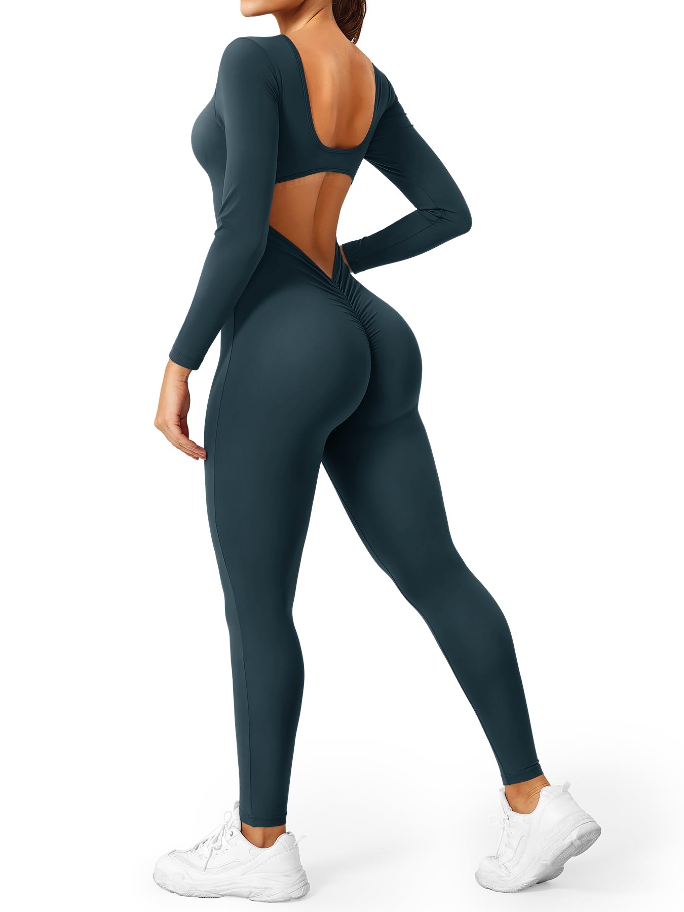 CoreFlex Long Sleeve Jumpsuits for Women V Back Bodysuit Workout Full Length Bodycon Scrunch Leggings One Piece Romper