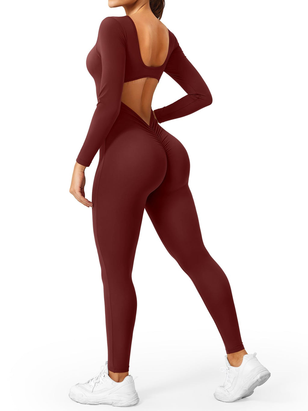 CoreFlex Long Sleeve Jumpsuits for Women V Back Bodysuit Workout Full Length Bodycon Scrunch Leggings One Piece Romper
