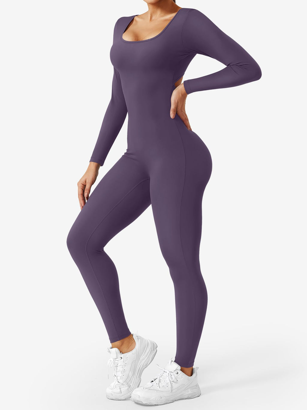 CoreFlex Long Sleeve Jumpsuits for Women V Back Bodysuit Workout Full Length Bodycon Scrunch Leggings One Piece Romper