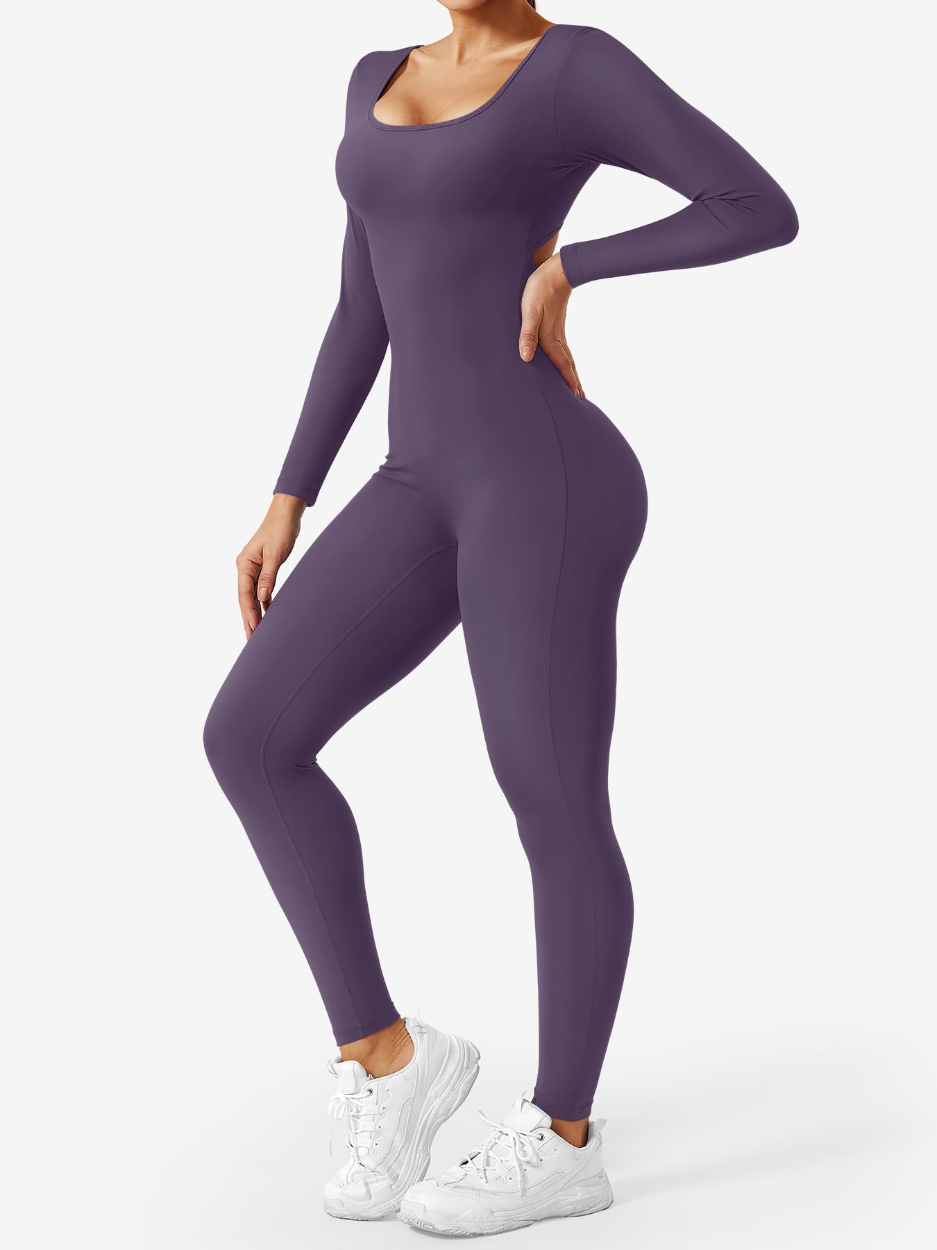 CoreFlex Long Sleeve Jumpsuits for Women V Back Bodysuit Workout Full Length Bodycon Scrunch Leggings One Piece Romper