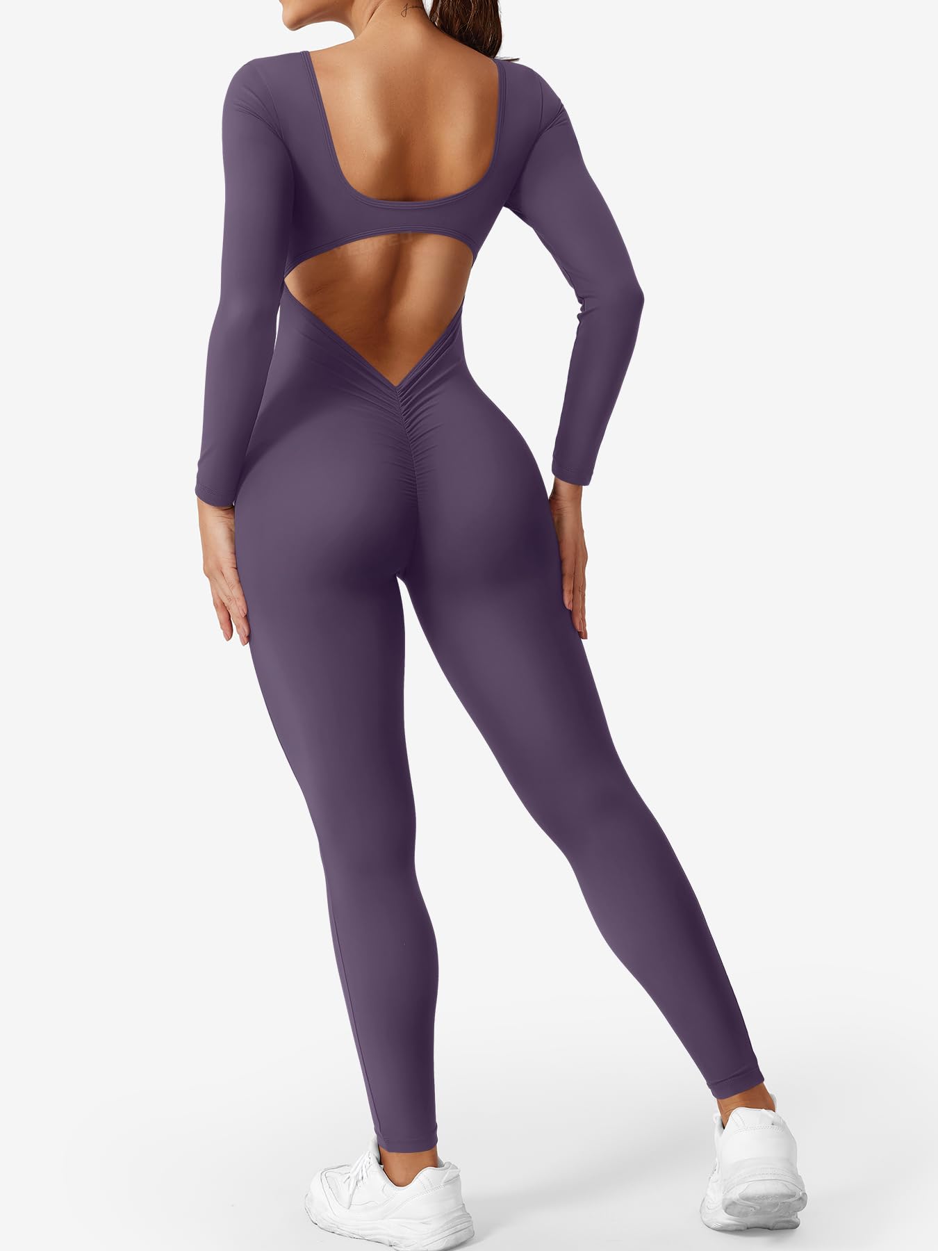 CoreFlex Long Sleeve Jumpsuits for Women V Back Bodysuit Workout Full Length Bodycon Scrunch Leggings One Piece Romper