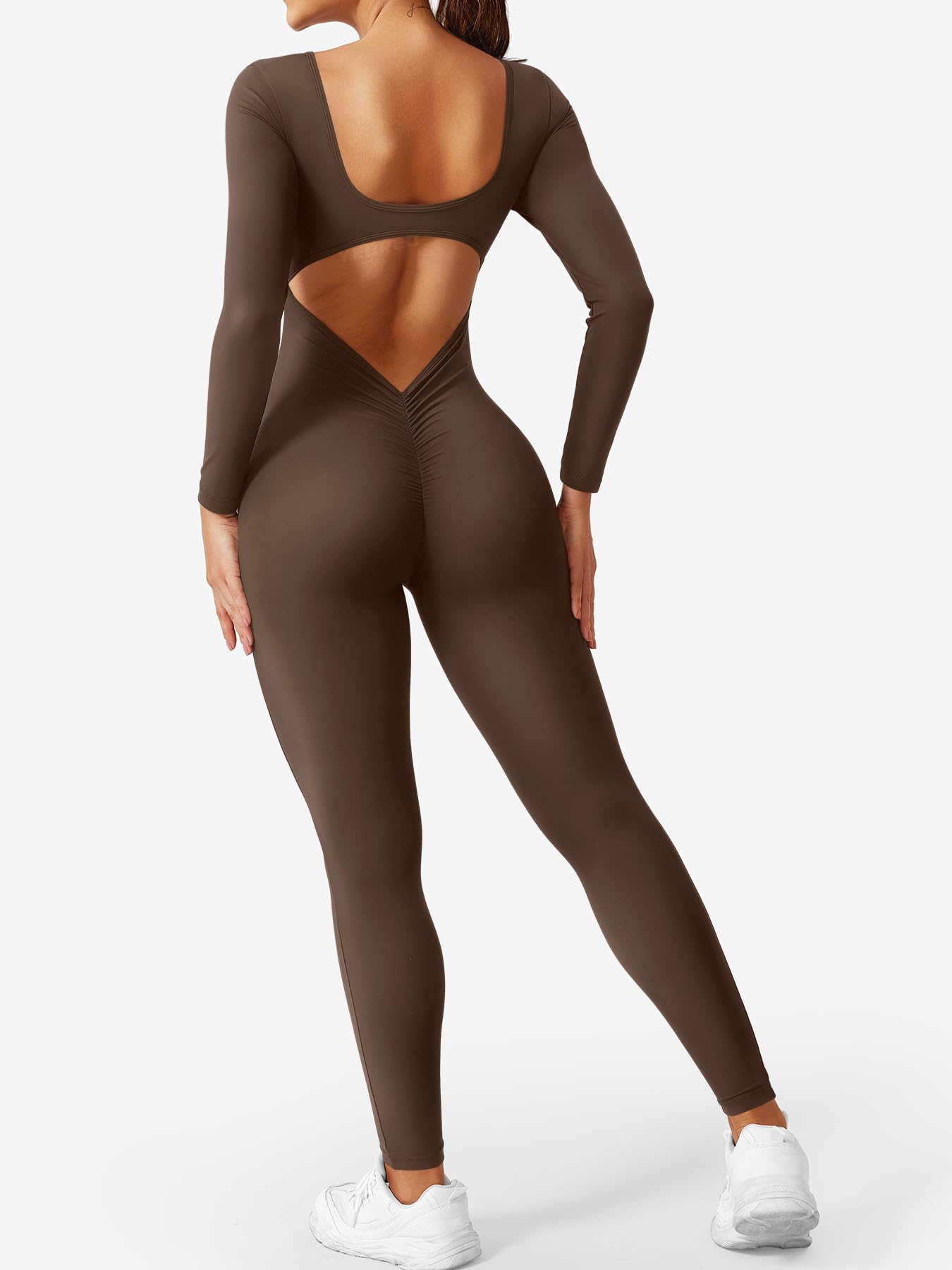 CoreFlex Long Sleeve Jumpsuits for Women V Back Bodysuit Workout Full Length Bodycon Scrunch Leggings One Piece Romper