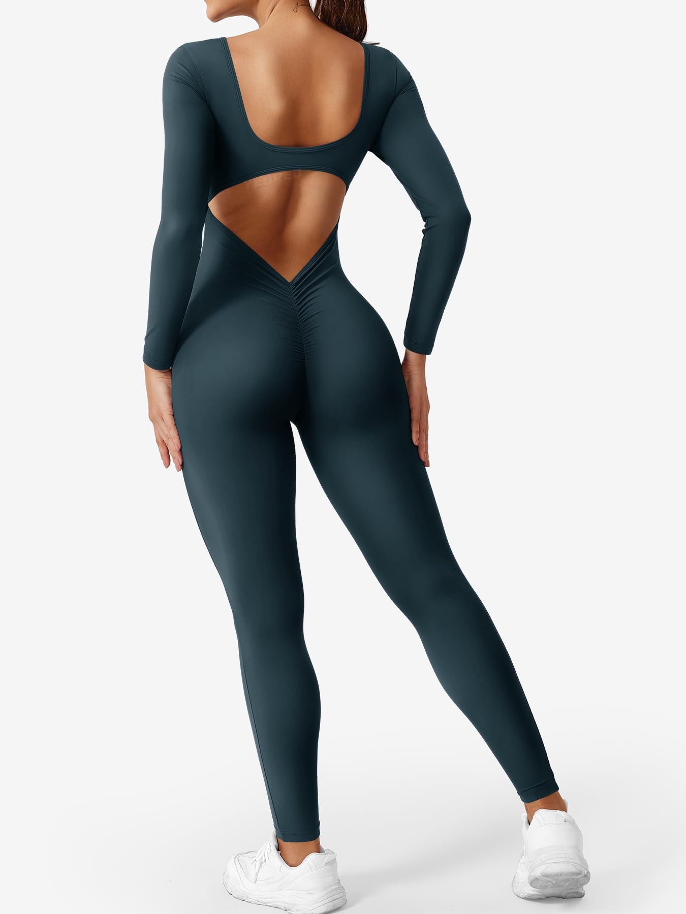 CoreFlex Long Sleeve Jumpsuits for Women V Back Bodysuit Workout Full Length Bodycon Scrunch Leggings One Piece Romper