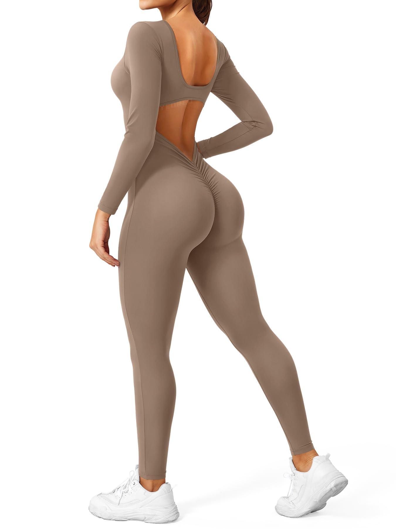 CoreFlex Long Sleeve Jumpsuits for Women V Back Bodysuit Workout Full Length Bodycon Scrunch Leggings One Piece Romper