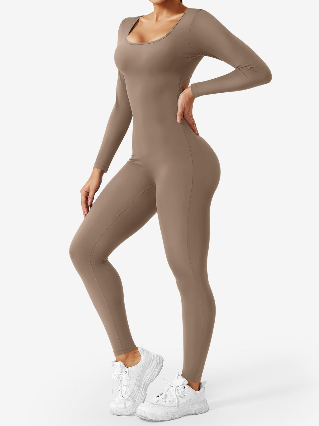 CoreFlex Long Sleeve Jumpsuits for Women V Back Bodysuit Workout Full Length Bodycon Scrunch Leggings One Piece Romper