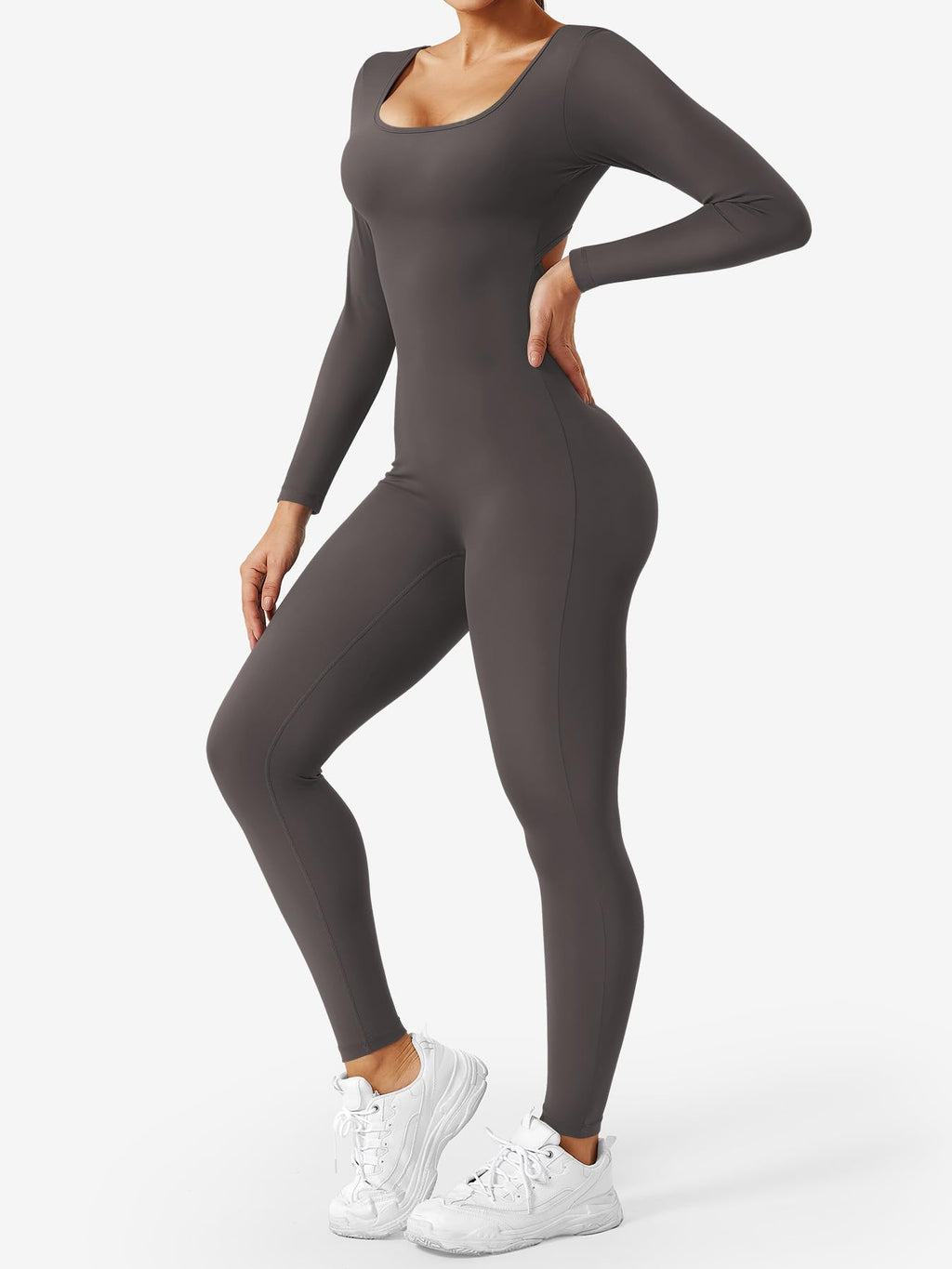 CoreFlex Long Sleeve Jumpsuits for Women V Back Bodysuit Workout Full Length Bodycon Scrunch Leggings One Piece Romper