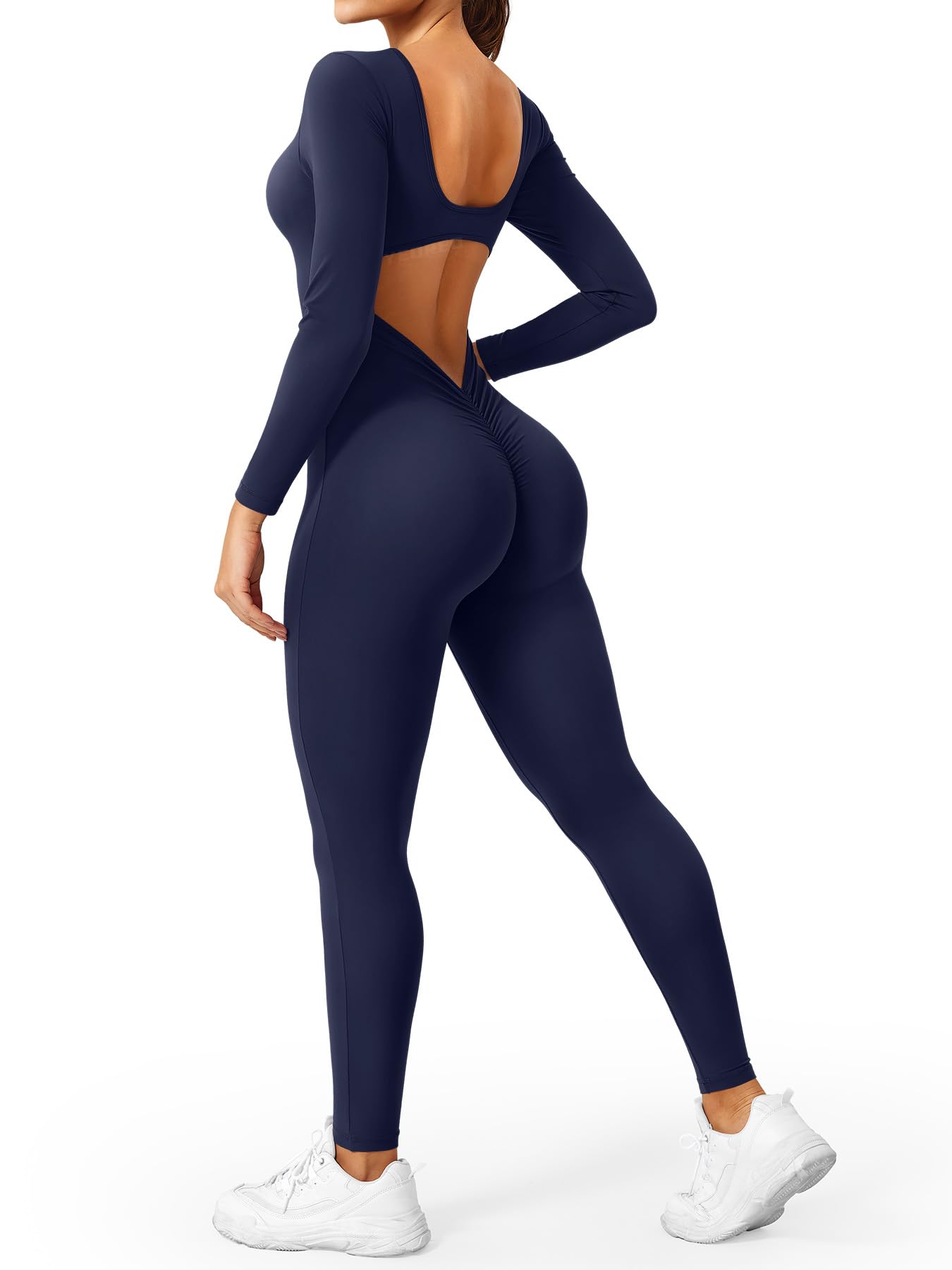 CoreFlex Long Sleeve Jumpsuits for Women V Back Bodysuit Workout Full Length Bodycon Scrunch Leggings One Piece Romper