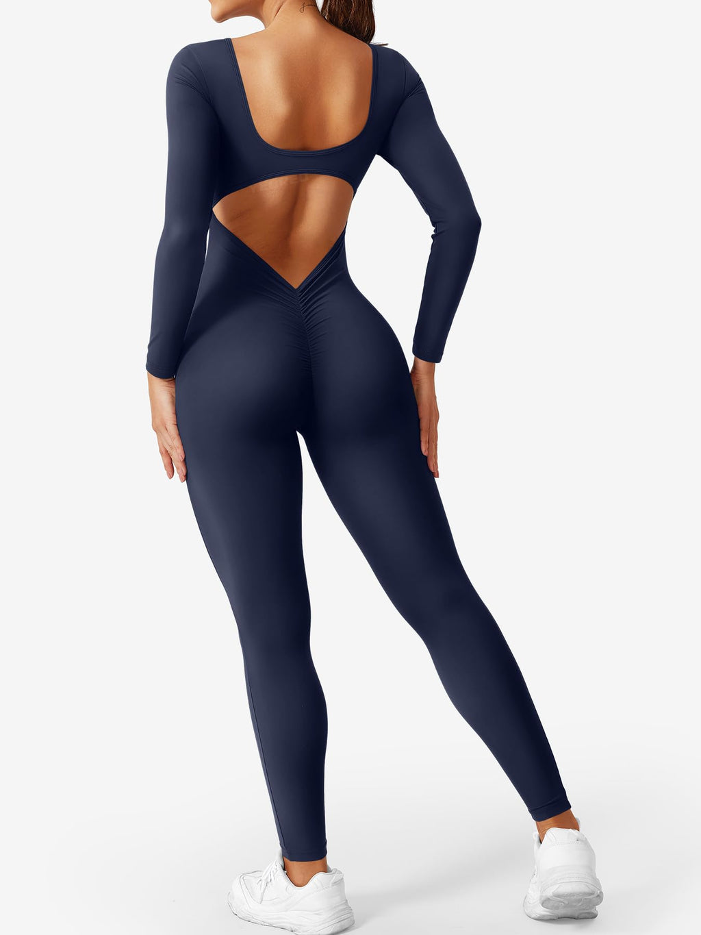 CoreFlex Long Sleeve Jumpsuits for Women V Back Bodysuit Workout Full Length Bodycon Scrunch Leggings One Piece Romper