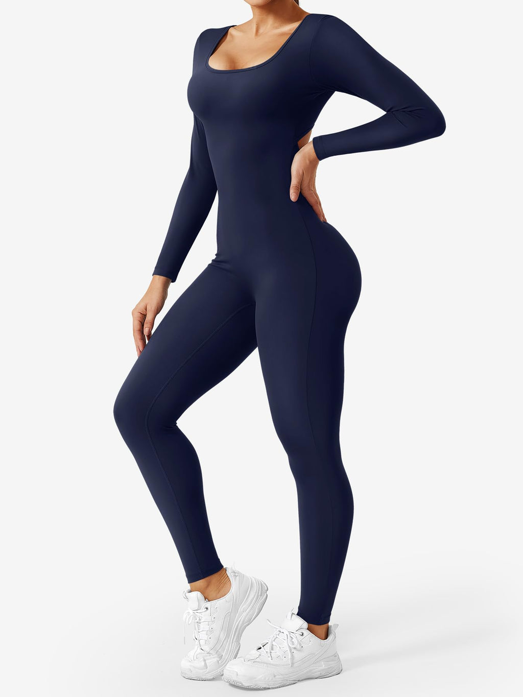 CoreFlex Long Sleeve Jumpsuits for Women V Back Bodysuit Workout Full Length Bodycon Scrunch Leggings One Piece Romper