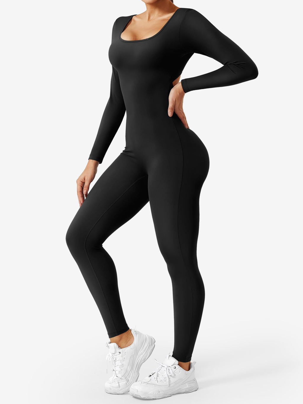 CoreFlex Long Sleeve Jumpsuits for Women V Back Bodysuit Workout Full Length Bodycon Scrunch Leggings One Piece Romper