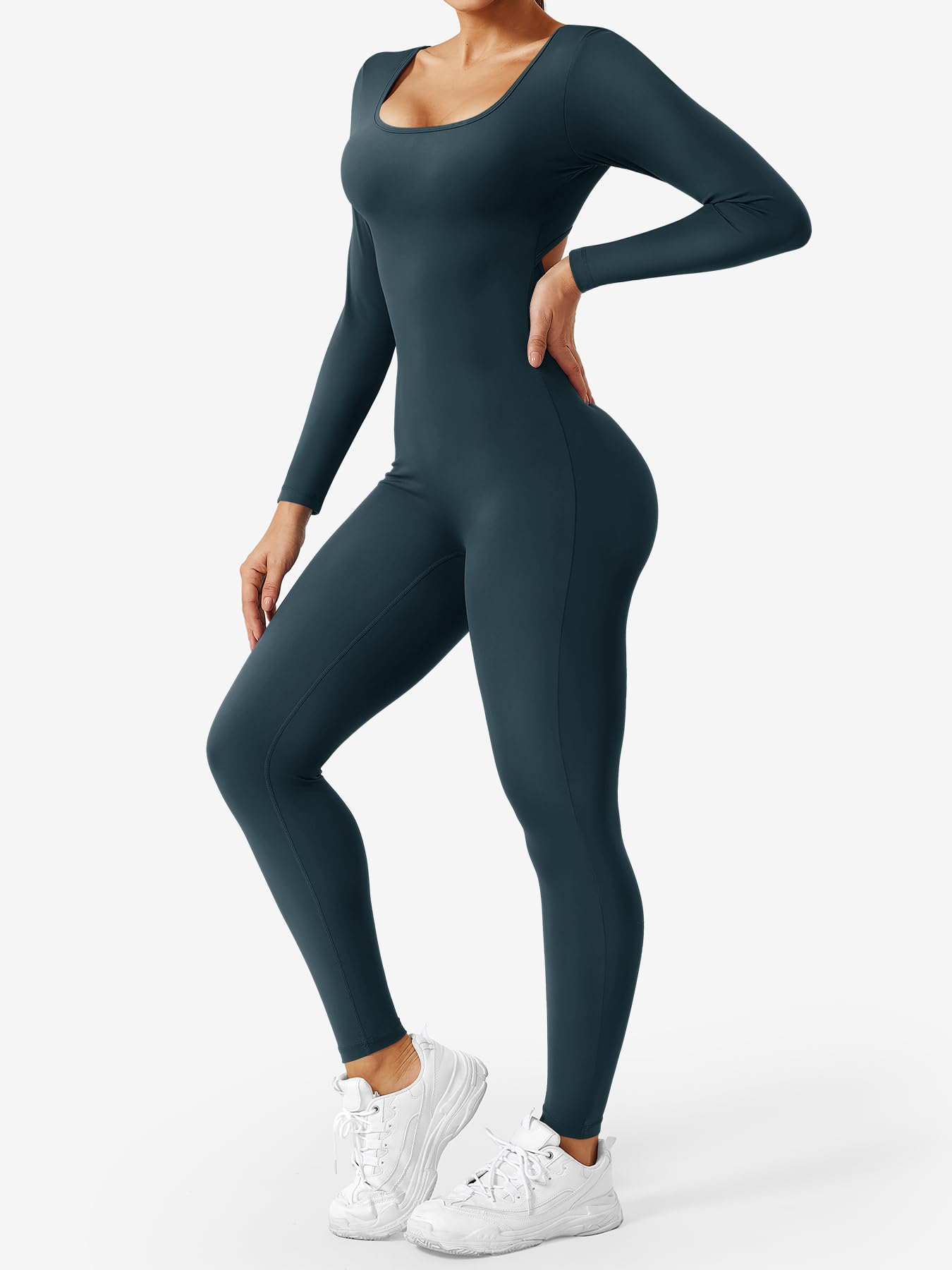 CoreFlex Long Sleeve Jumpsuits for Women V Back Bodysuit Workout Full Length Bodycon Scrunch Leggings One Piece Romper