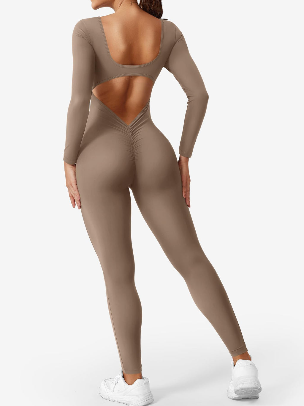 CoreFlex Long Sleeve Jumpsuits for Women V Back Bodysuit Workout Full Length Bodycon Scrunch Leggings One Piece Romper
