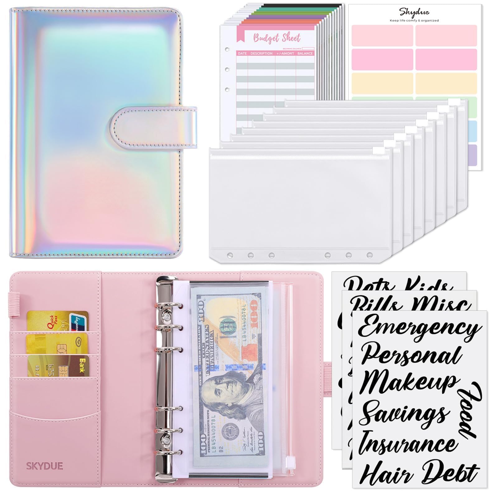 SKYDUE Budget Binder, Money Saving Binder with Zipper Envelopes, Cash Envelopes and Expense Budget Sheets for Budgeting
