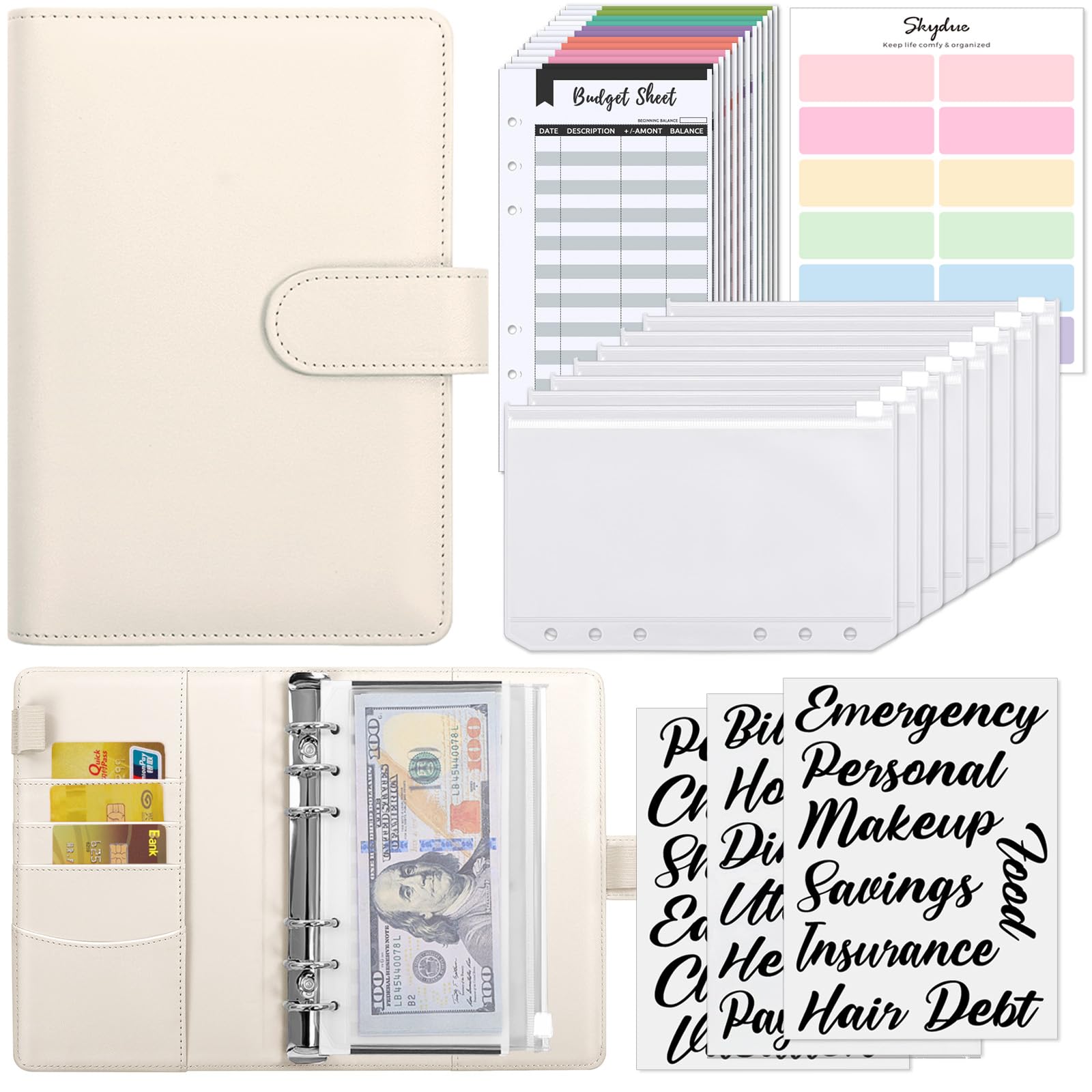 SKYDUE Budget Binder, Money Saving Binder with Zipper Envelopes, Cash Envelopes and Expense Budget Sheets for Budgeting