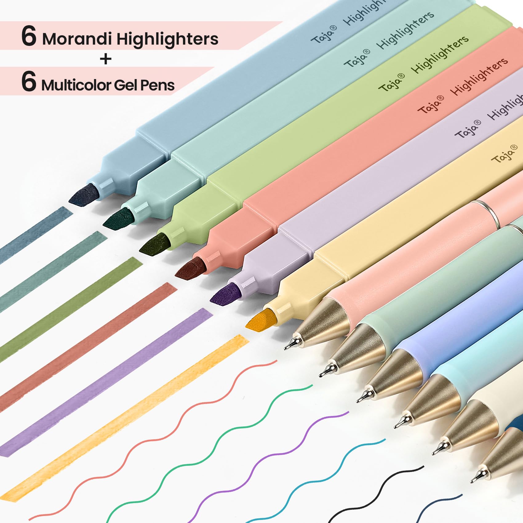 Taja 12 Pack Bible Highlighters and Pens Set No Bleed, 6 Aesthetic Pastel Highlighters and 6 Black Ink Pens for Bible Study, Journaling, School and Office Supplies