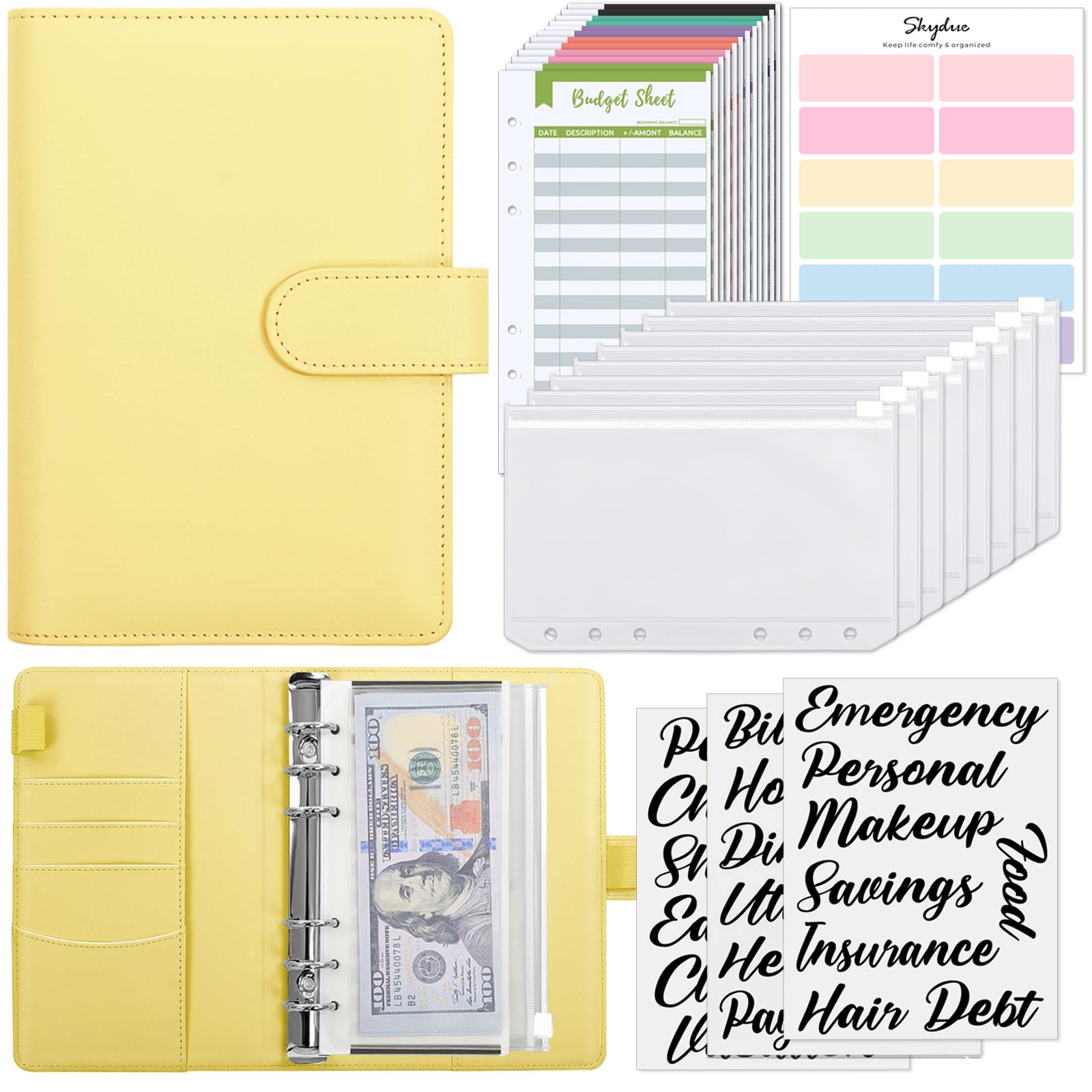 SKYDUE Budget Binder, Money Saving Binder with Zipper Envelopes, Cash Envelopes and Expense Budget Sheets for Budgeting