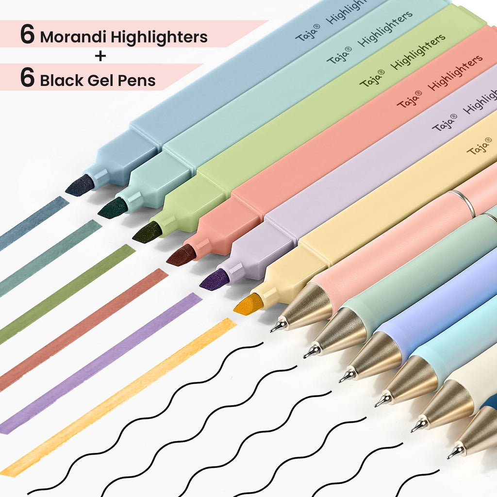 Taja 12 Pack Bible Highlighters and Pens Set No Bleed, 6 Aesthetic Pastel Highlighters and 6 Black Ink Pens for Bible Study, Journaling, School and Office Supplies