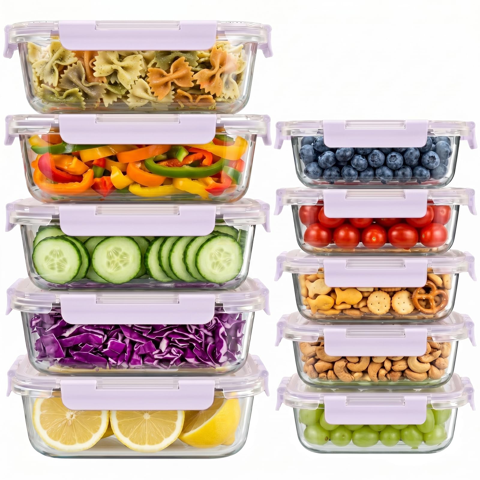 Dealusy 10 Sets (20-Piece) 36 oz & 12 oz Glass Food Storage Containers with lids, Airtight Leak-proof Glass Meal Prep Containers with Lids, Microwave Oven Freezer Dishwasher Safe, Gray
