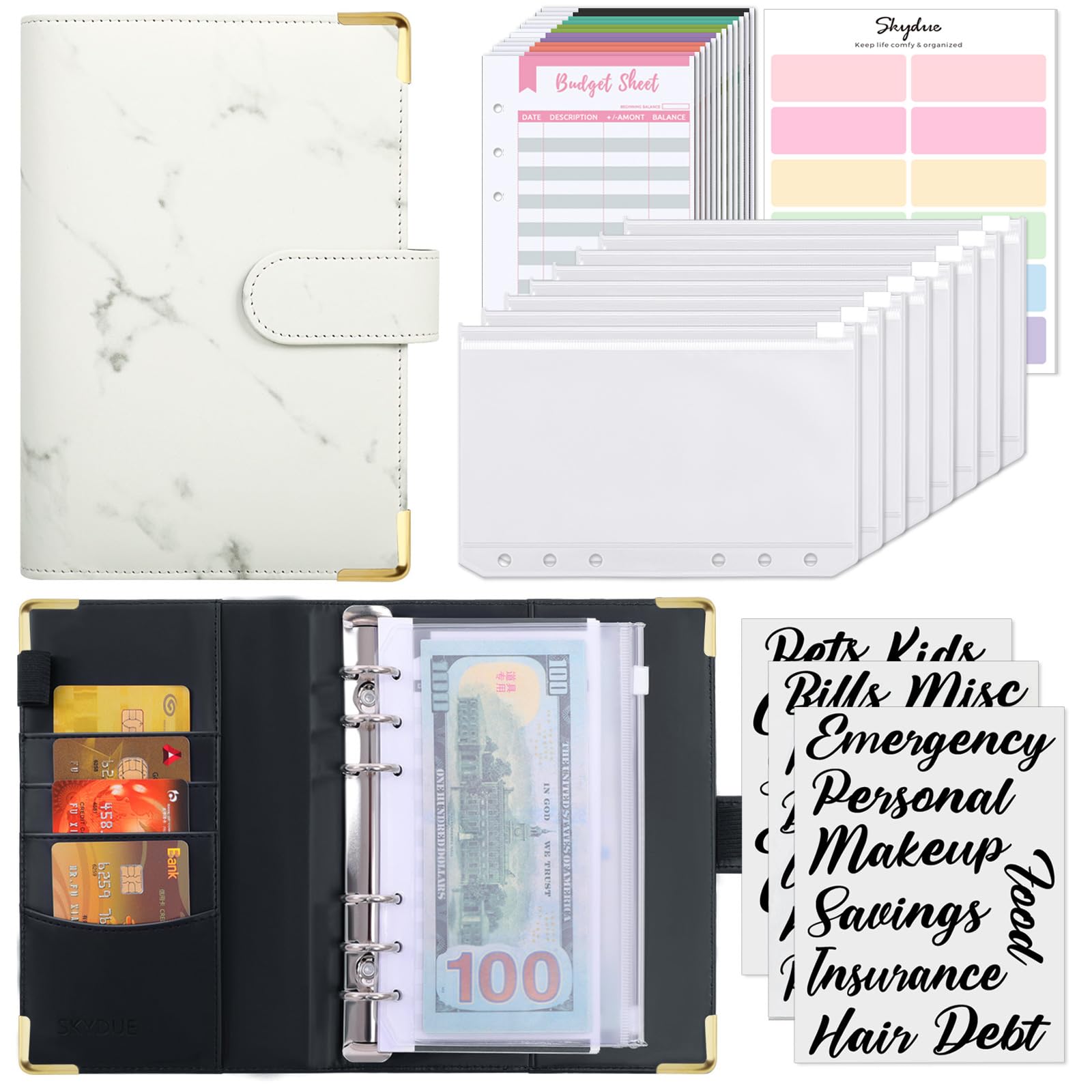 SKYDUE Budget Binder, Money Saving Binder with Zipper Envelopes, Cash Envelopes and Expense Budget Sheets for Budgeting