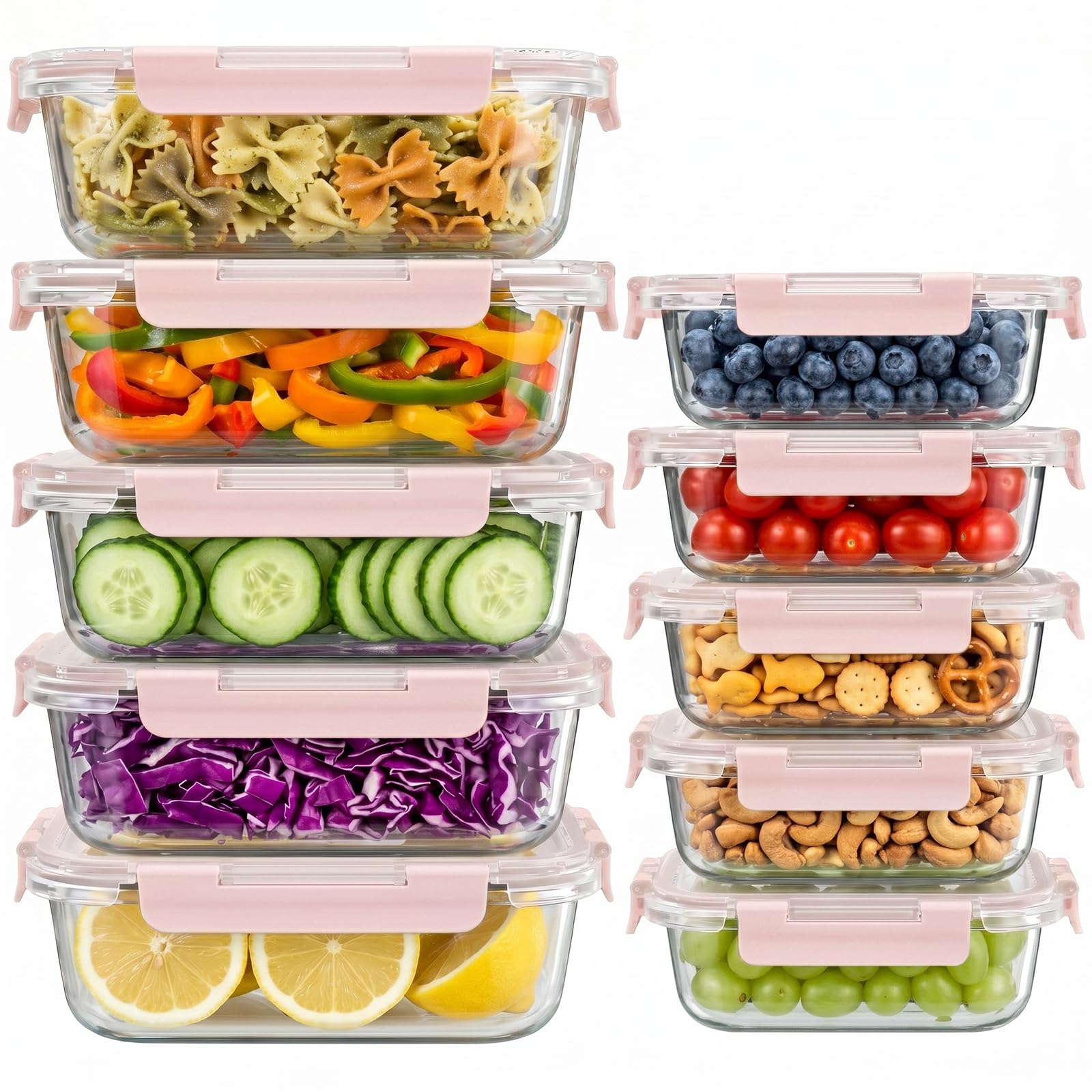 Dealusy 10 Sets (20-Piece) 36 oz & 12 oz Glass Food Storage Containers with lids, Airtight Leak-proof Glass Meal Prep Containers with Lids, Microwave Oven Freezer Dishwasher Safe, Gray