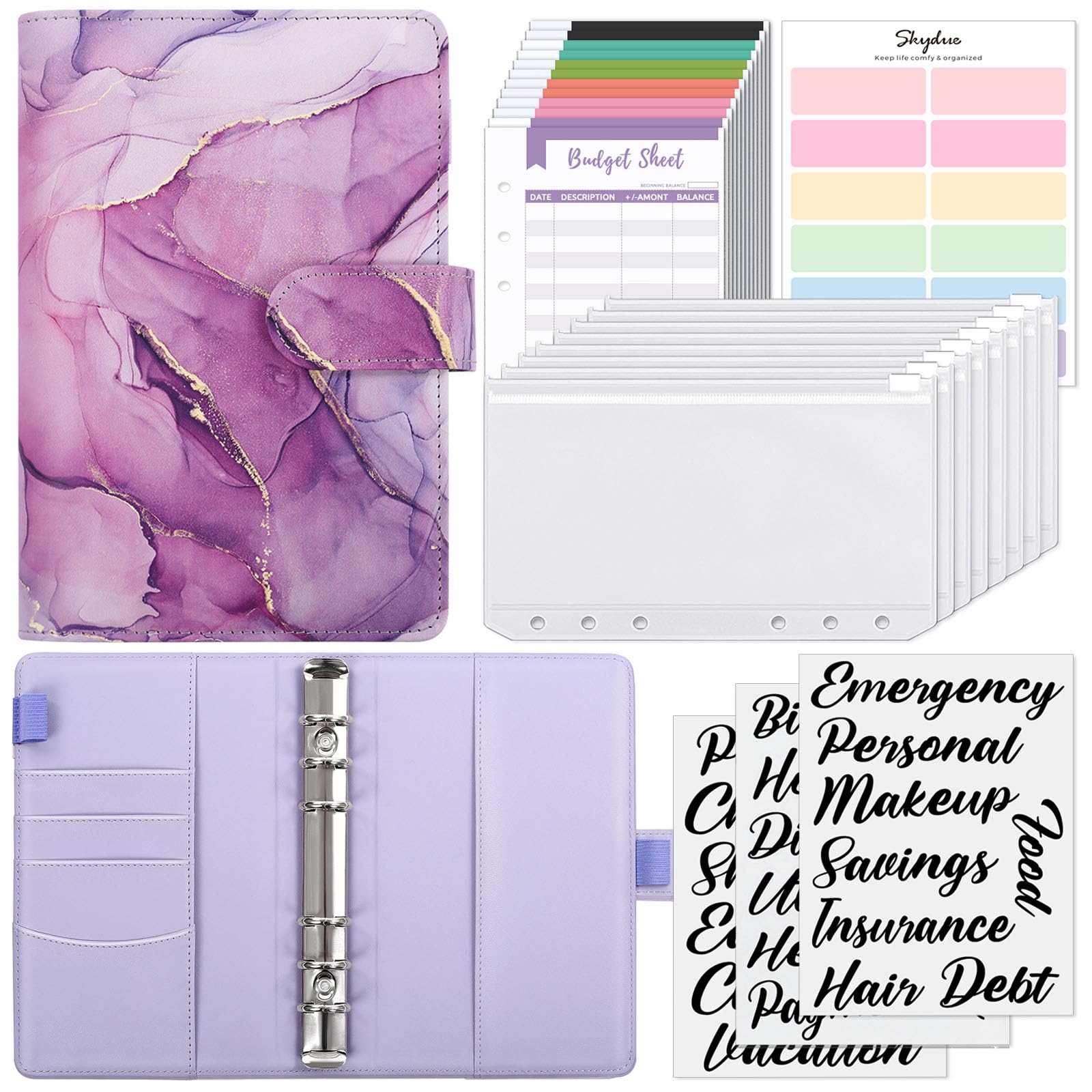 SKYDUE Budget Binder, Money Saving Binder with Zipper Envelopes, Cash Envelopes and Expense Budget Sheets for Budgeting