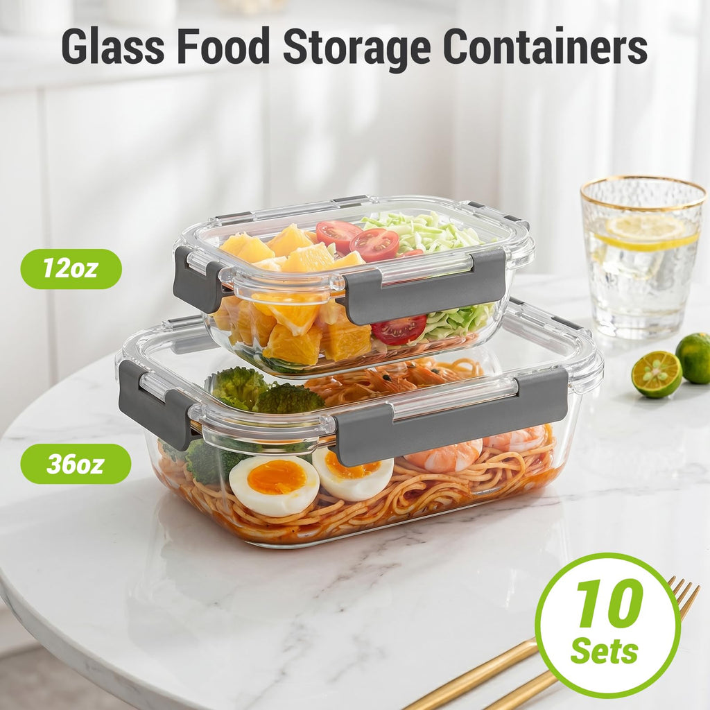 Dealusy 10 Sets (20-Piece) 36 oz & 12 oz Glass Food Storage Containers with lids, Airtight Leak-proof Glass Meal Prep Containers with Lids, Microwave Oven Freezer Dishwasher Safe, Gray