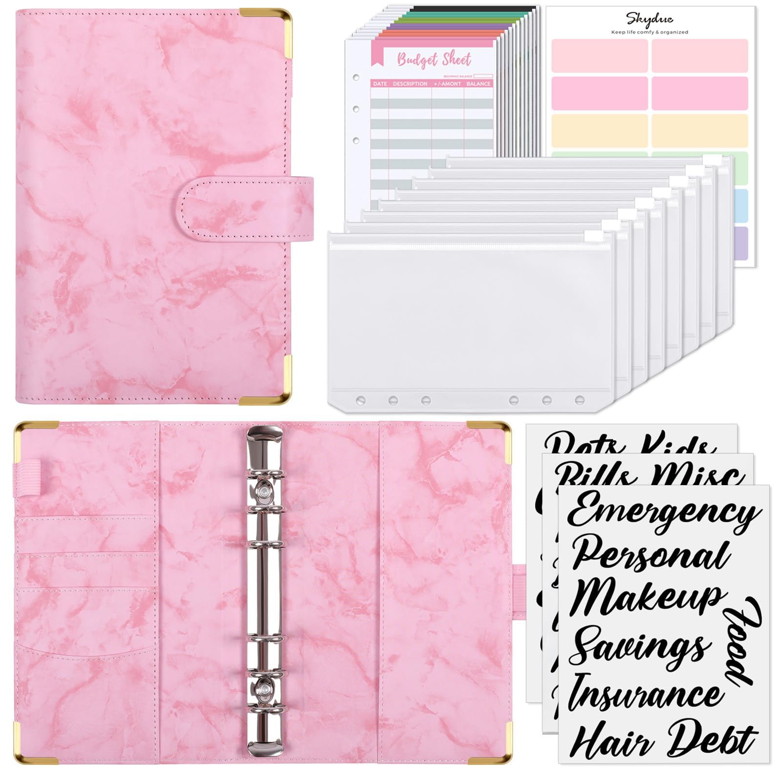 SKYDUE Budget Binder, Money Saving Binder with Zipper Envelopes, Cash Envelopes and Expense Budget Sheets for Budgeting